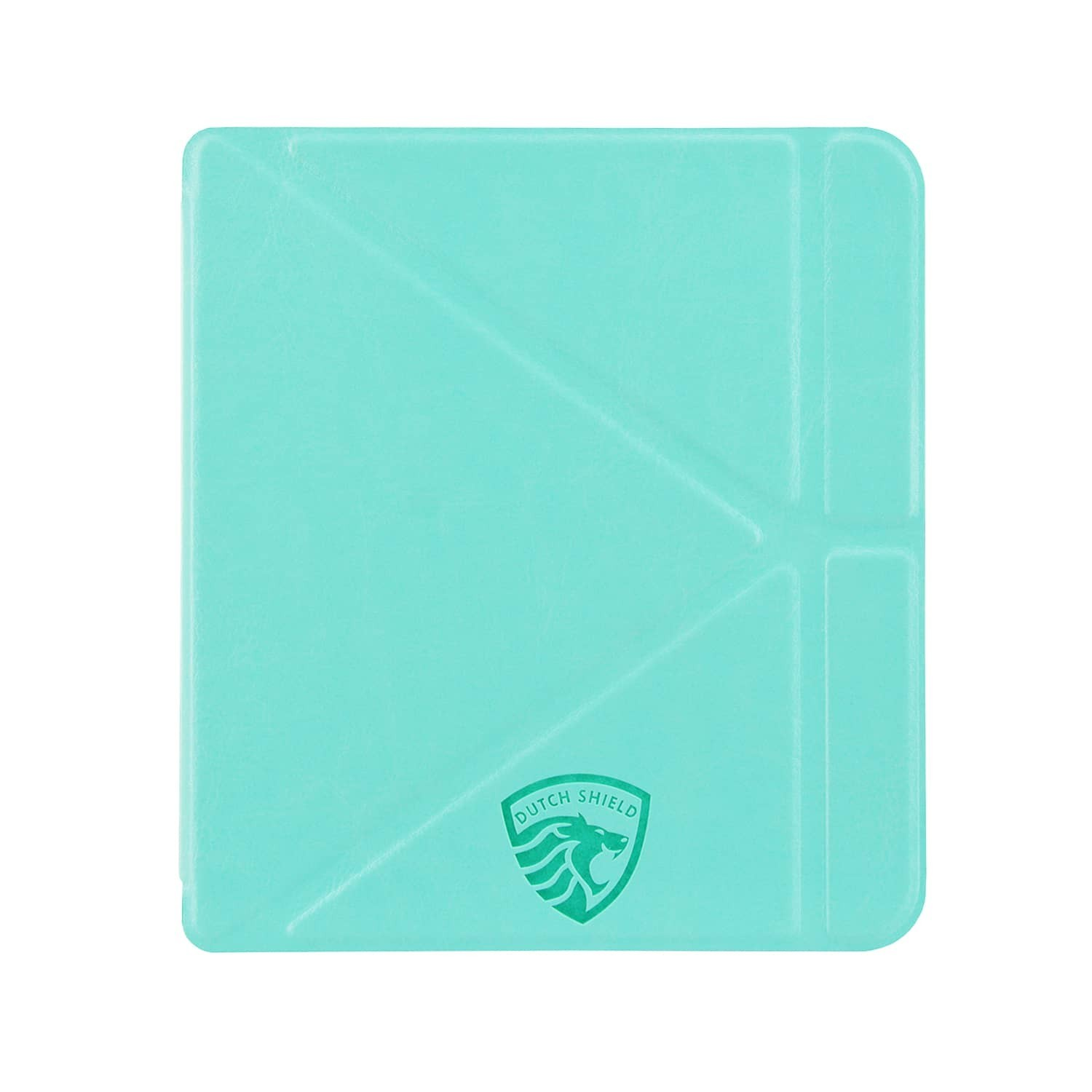 Een blauwgroene tablethoes met een logo. Het logo is een groen schild met een leeuw en de tekst 'DUTCH SHIELD'.