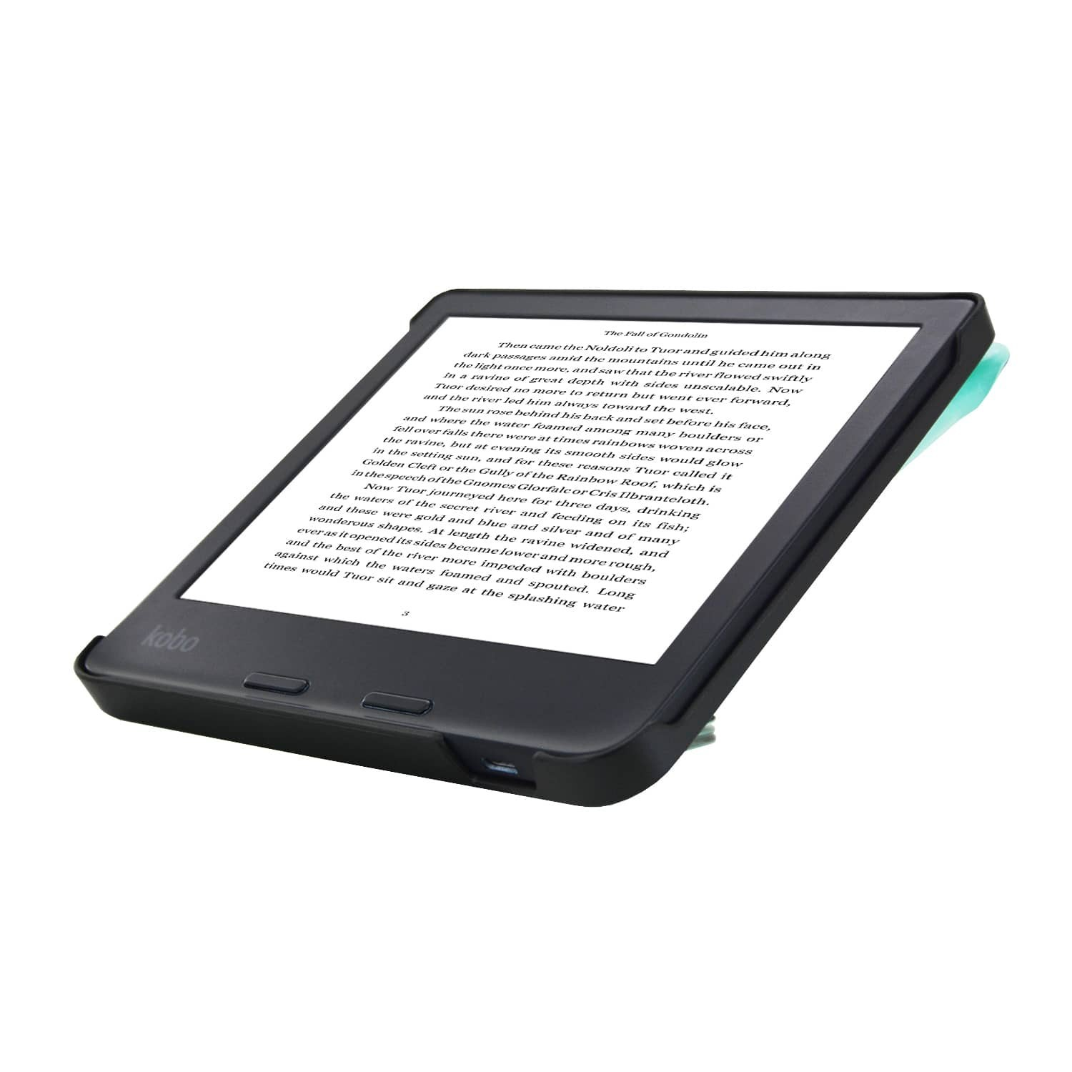 Een zwarte Kobo e-reader op een wit oppervlak. Het scherm toont tekst. Het apparaat heeft een zwarte behuizing en een groene houder.
