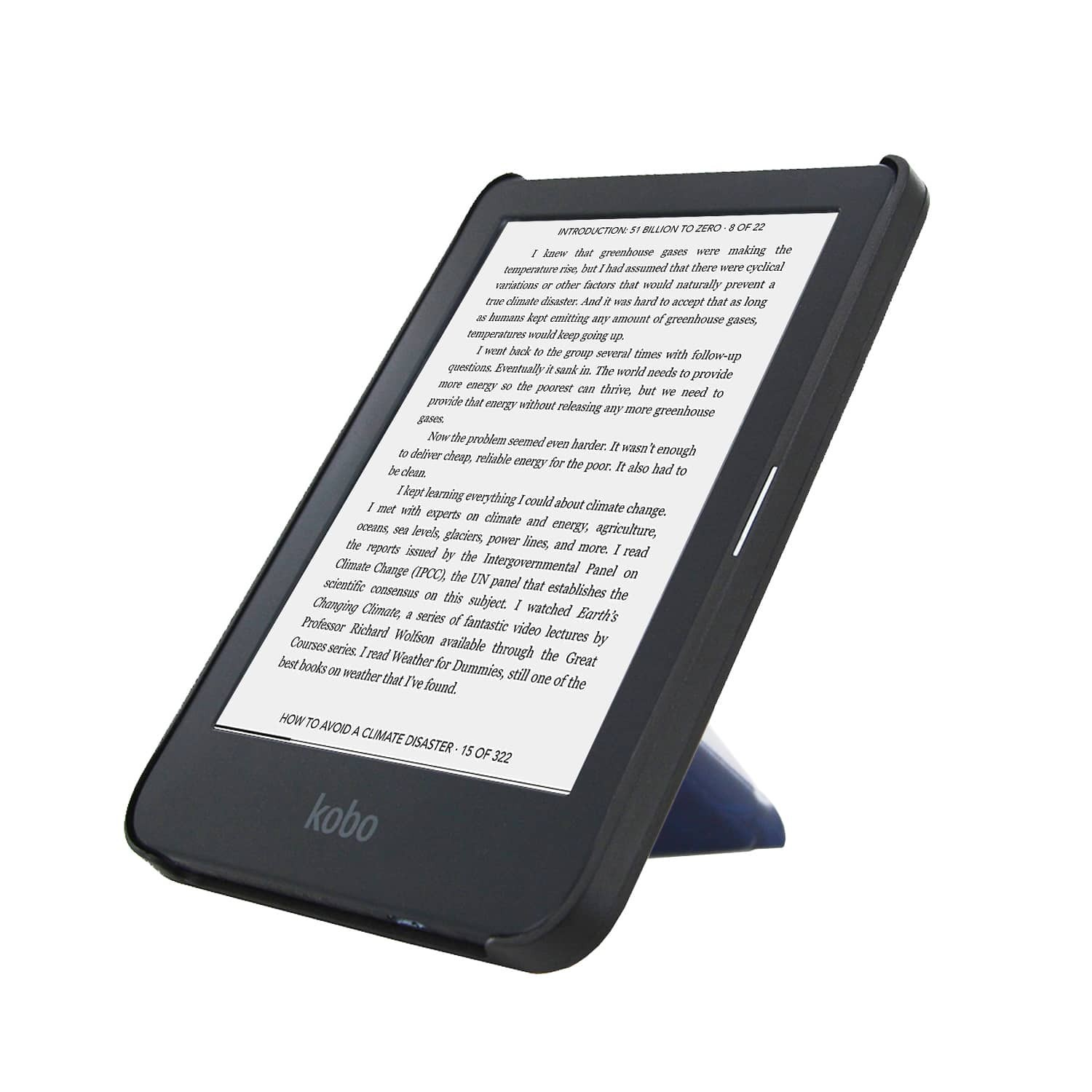 Een e-reader toont tekst, ondersteund door een blauwe standaard. Het scherm toont tekst. Het apparaat is zwart, met het merk 'kobo'.