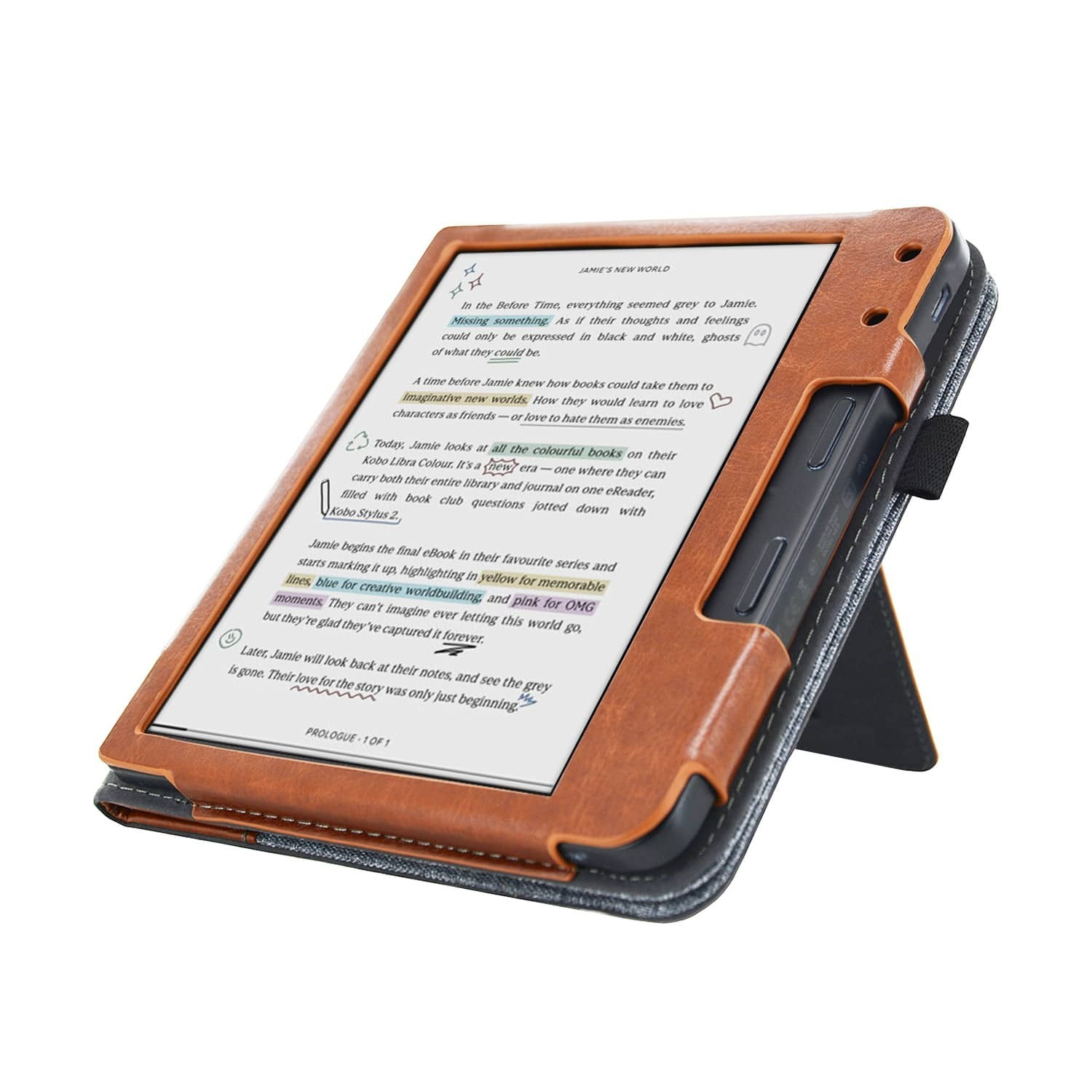 Een bruine e-reader op een standaard met tekst. De hoes is van bruin leer. Het scherm toont tekst.