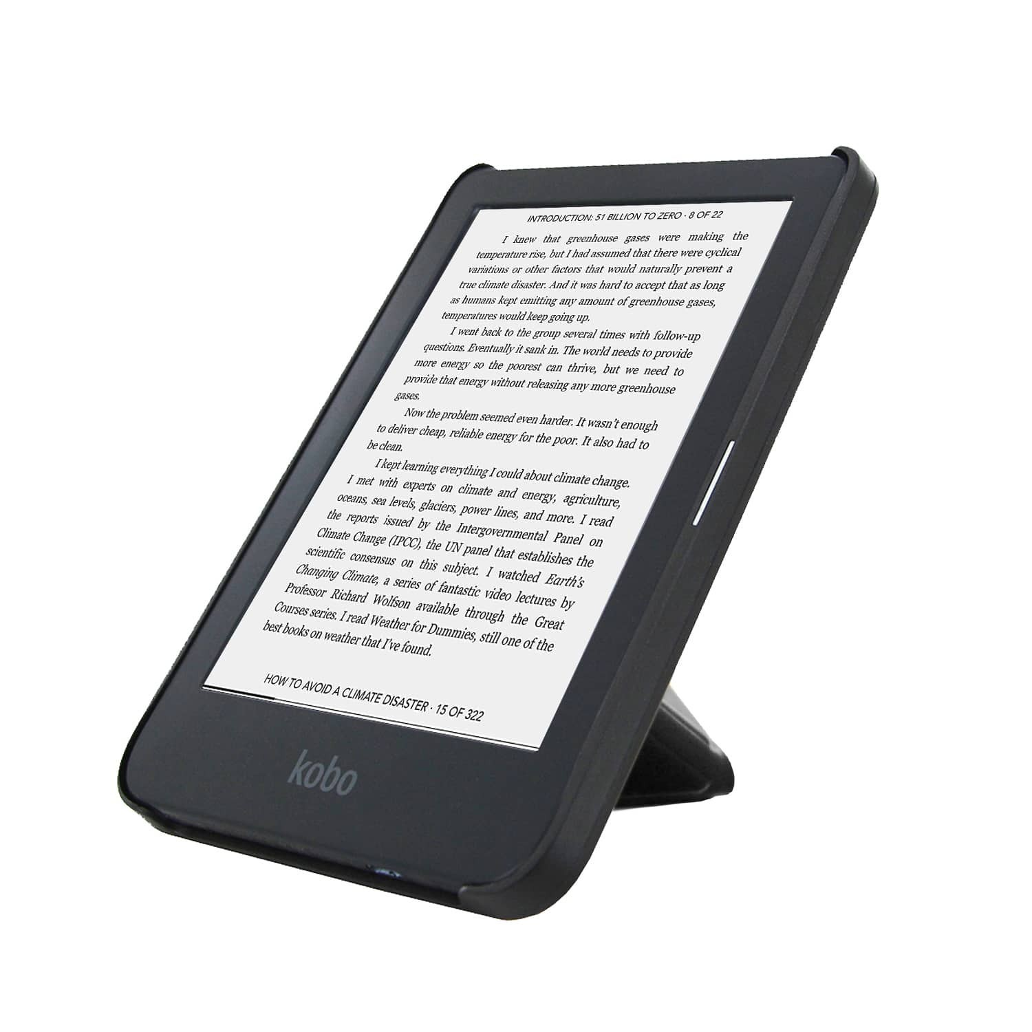 Een zwarte Kobo e-reader staat omhoog. Het scherm toont tekst over klimaatverandering, het Kobo-logo is zichtbaar.