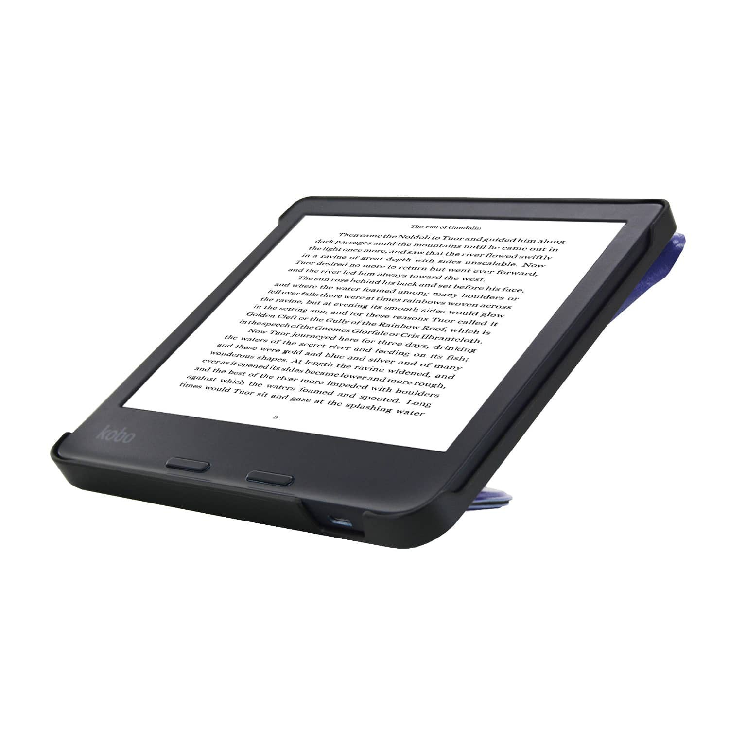 Een zwarte Kobo e-reader staat omhoog. Het scherm toont tekst. De hoes is zwart met een blauw scharnier.