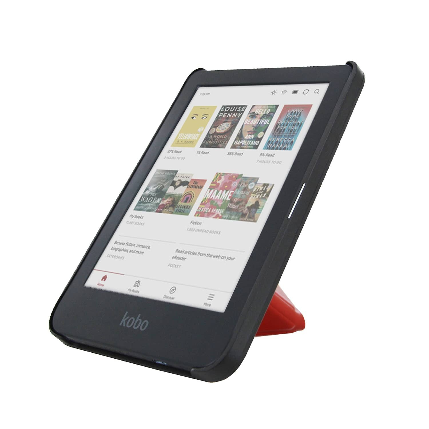 Een zwarte Kobo e-reader met boekomslagen, ondersteund door een rode standaard. Het scherm toont een bibliotheek.