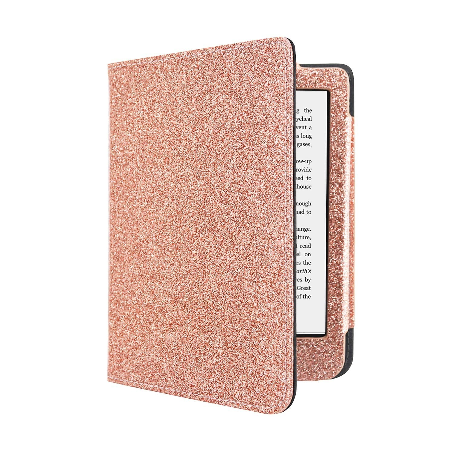 Een roze gouden glitter e-reader hoes is open en onthult het scherm met tekst. De hoes is open en toont het binnenscherm met tekst.