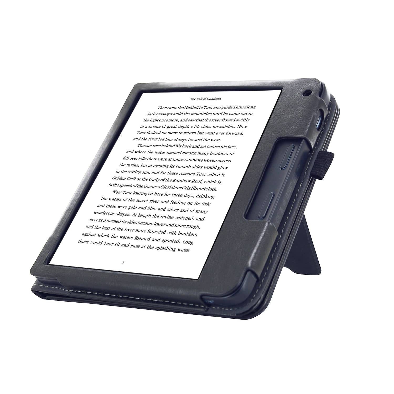 Een e-reader met een zwarte hoes is opgezet en geeft tekst weer. Het scherm is verlicht. De achtergrond is wit.