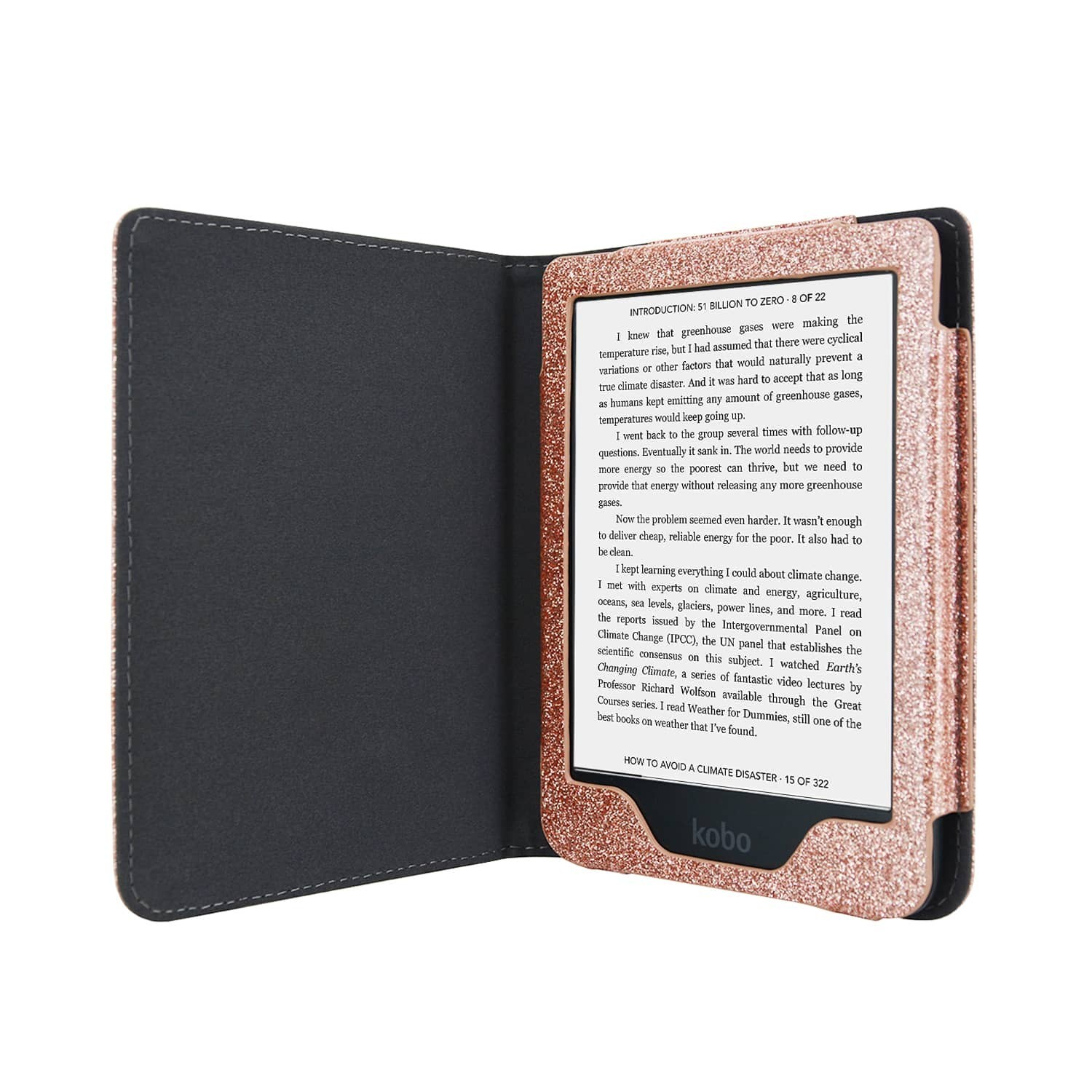 Een open Kobo e-reader in een glanzende roségouden hoes, met tekst erop. De hoes is open en toont een donkergrijs interieur.