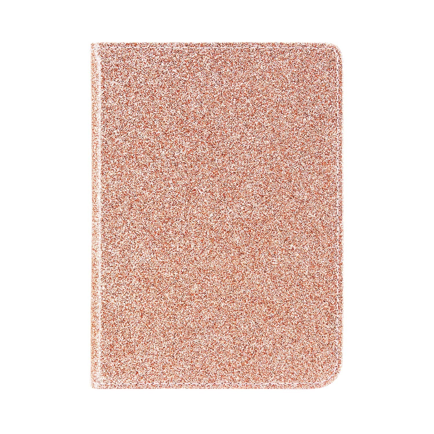 Een roségouden, met glitter bedekte rechthoekige hoes, mogelijk voor een tablet of notitieboek, tegen een witte achtergrond.