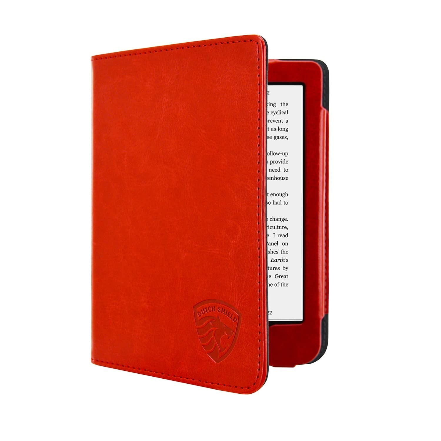 Een e-reader in een rode hoes is open en toont tekst. De hoes heeft een Dutch Shield-logo.