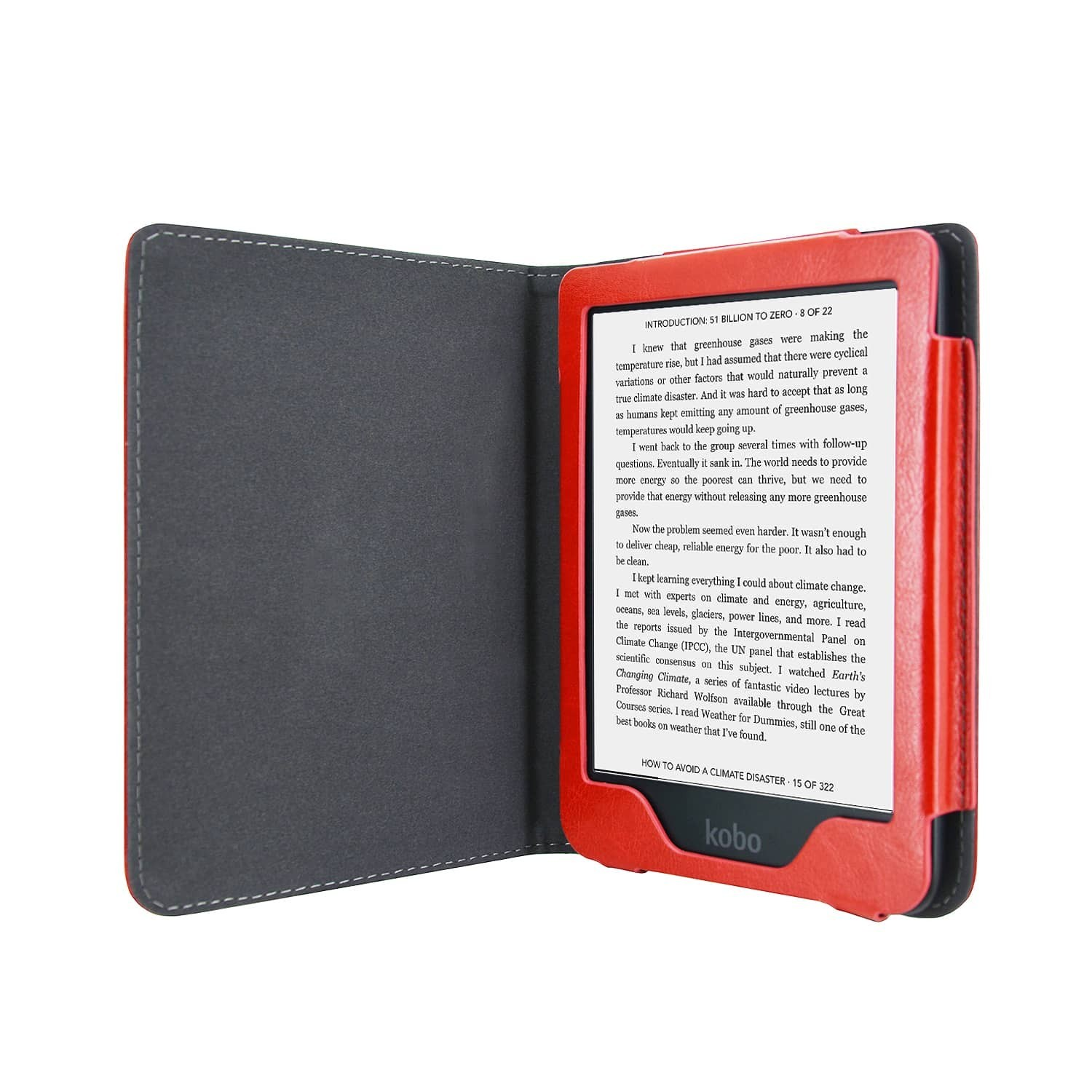 Rode Kobo e-reader open in een zwarte en grijze hoes, met tekst over klimaatverandering.