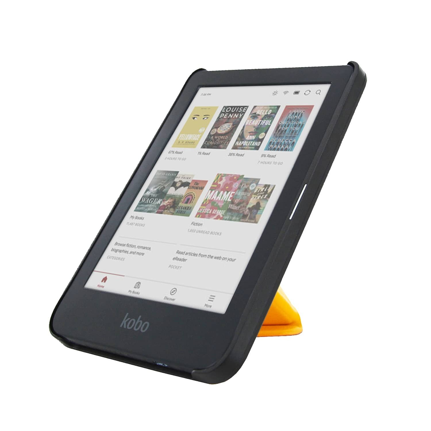 Een zwarte e-reader met boekomslagen. Hij staat op een oranje standaard tegen een witte achtergrond.