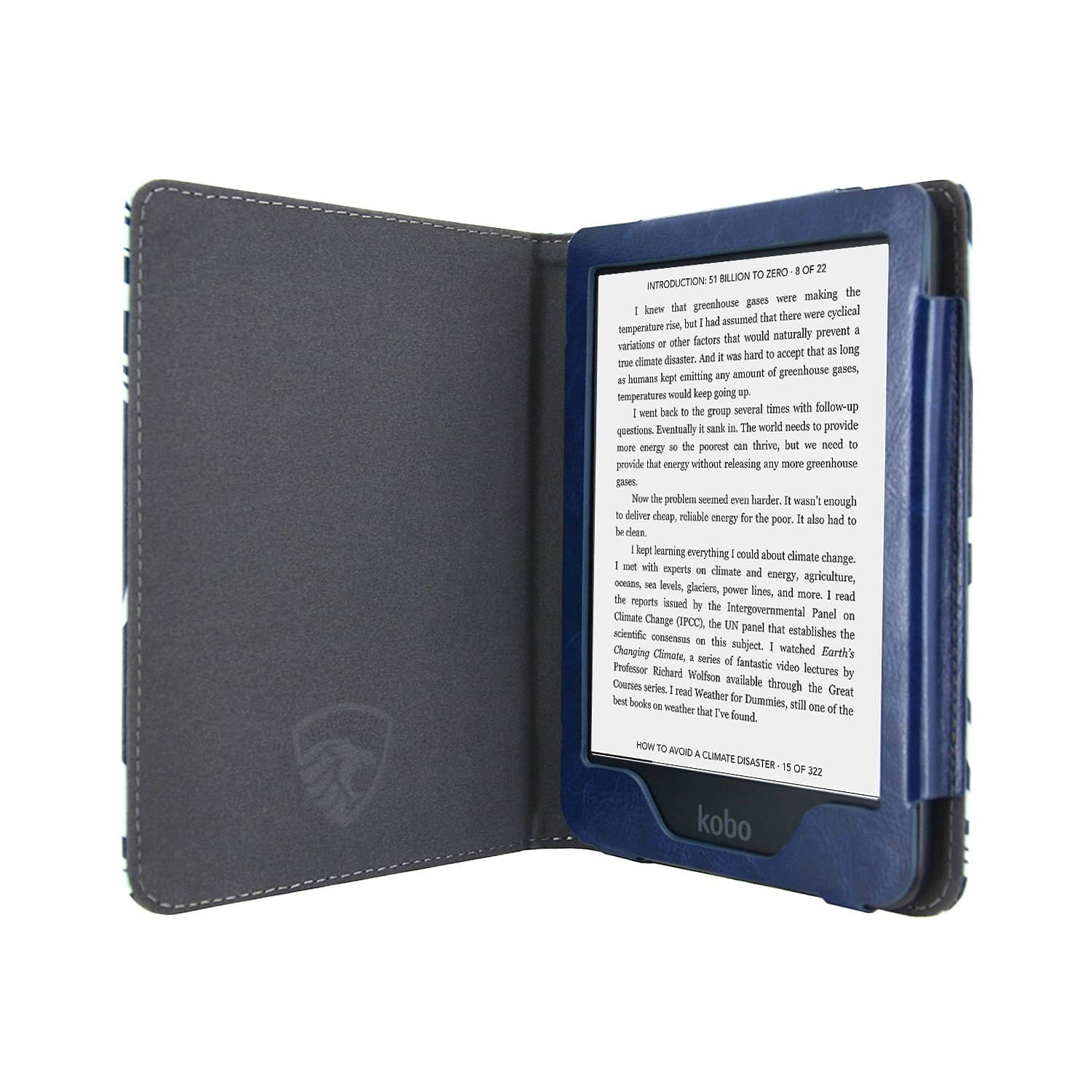 Een Kobo e-reader in een blauwe hoes is open en toont tekst. De hoes is open en onthult een grijs interieur met een logo.