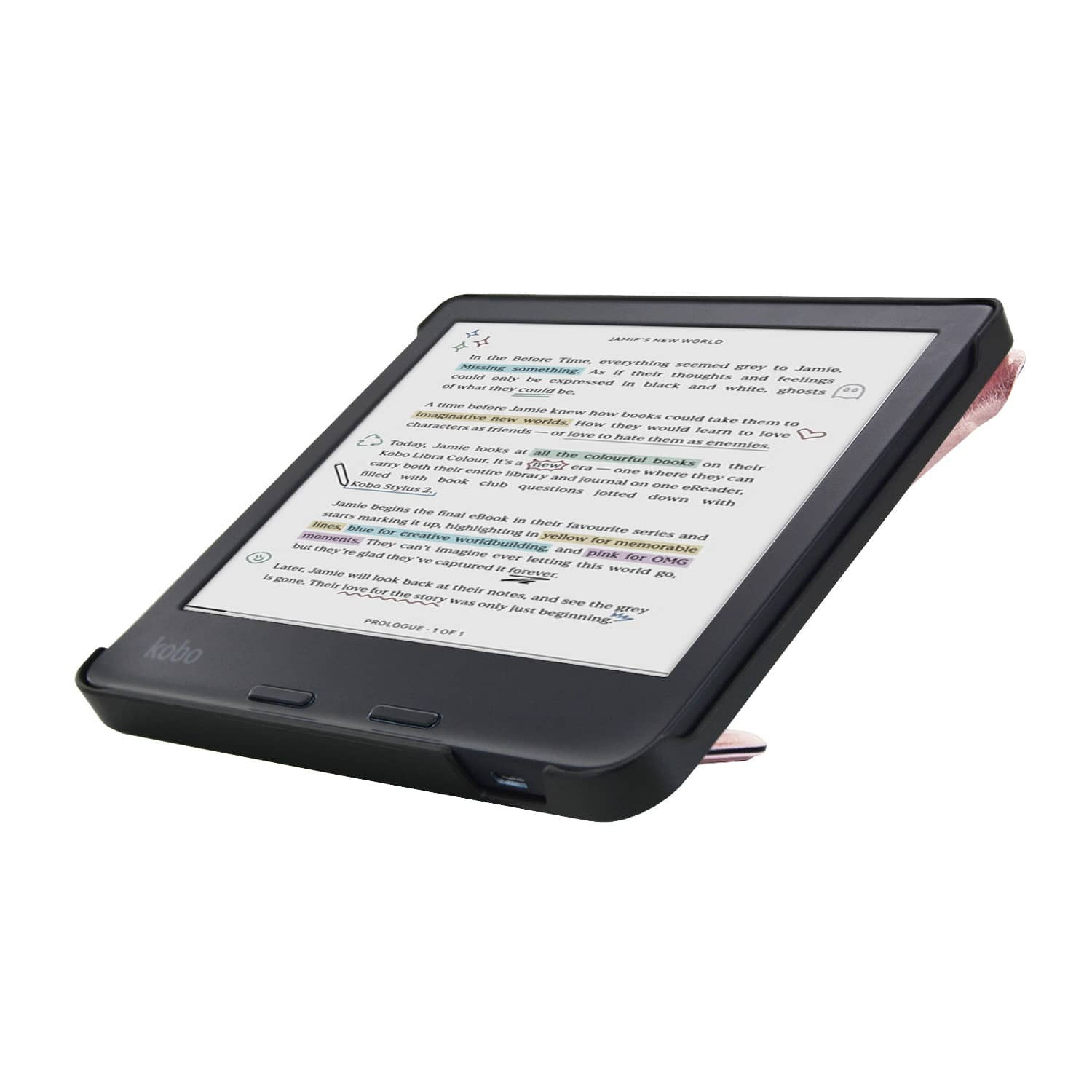 Een Kobo e-reader met tekstweergave. Het apparaat is zwart, met een roze en wit patroon. Het scherm toont tekst.