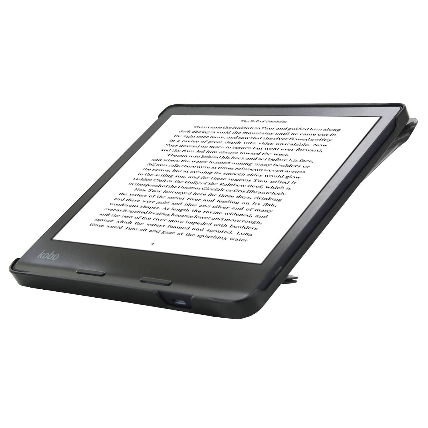 Een Kobo e-reader toont tekst uit een boek. Het is zwart en schuin, rustend op een wit oppervlak met tekst.