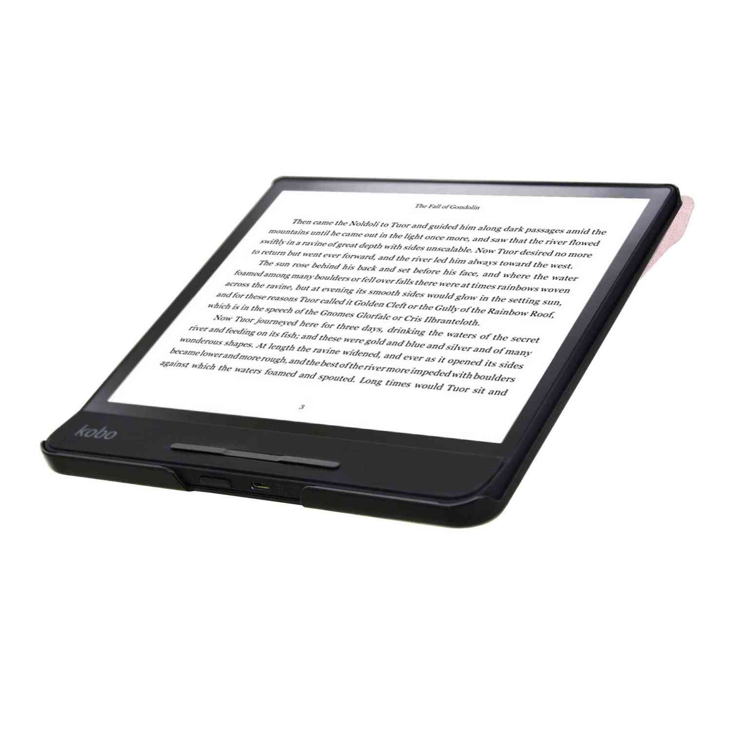 Zwarte Kobo e-reader met tekst op het scherm. Roze hoesje zit aan de rechterkant. De achtergrond is wit.