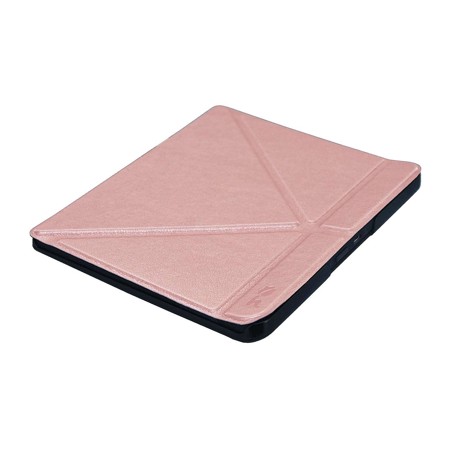 Een roze tablet hoesje, met een getextureerd oppervlak en een zwart frame. Het hoesje is iets schuin.