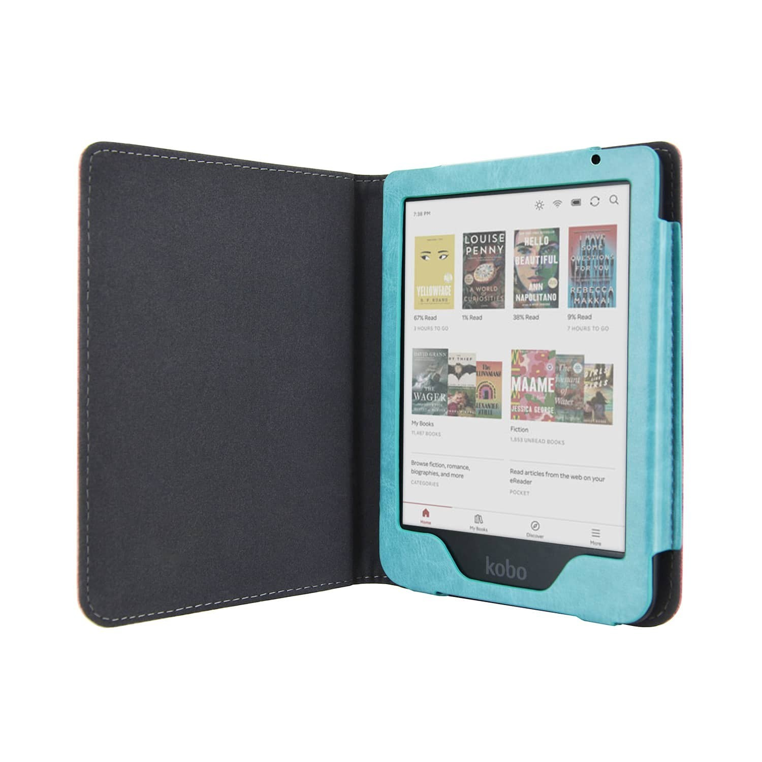 Een open turquoise Kobo e-reader in een hoes toont boekomslagen. De hoes is zwart en grijs.