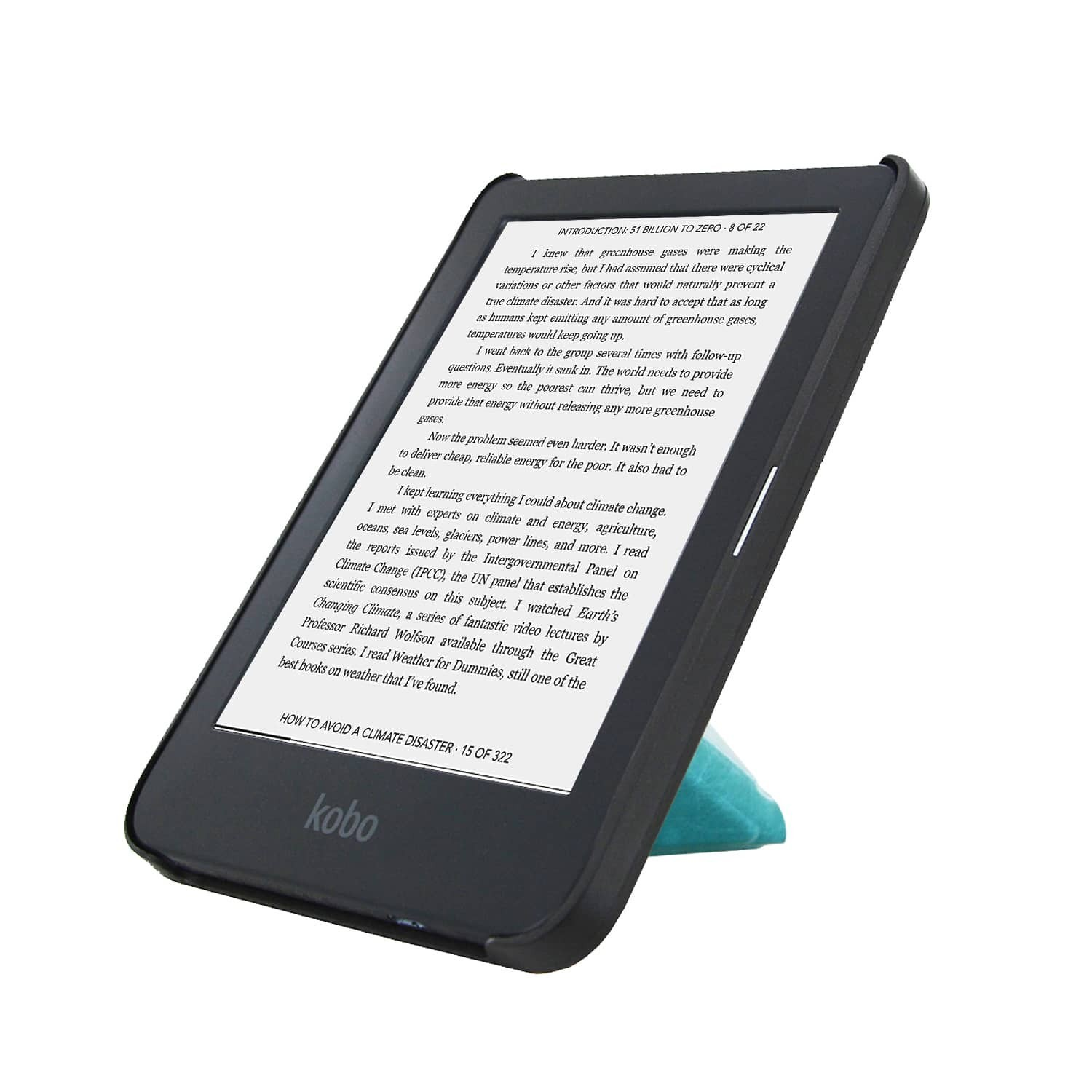 Een zwarte Kobo e-reader die tekst weergeeft, ondersteund door een blauwe driehoekige standaard. Het scherm toont tekst over klimaatverandering.