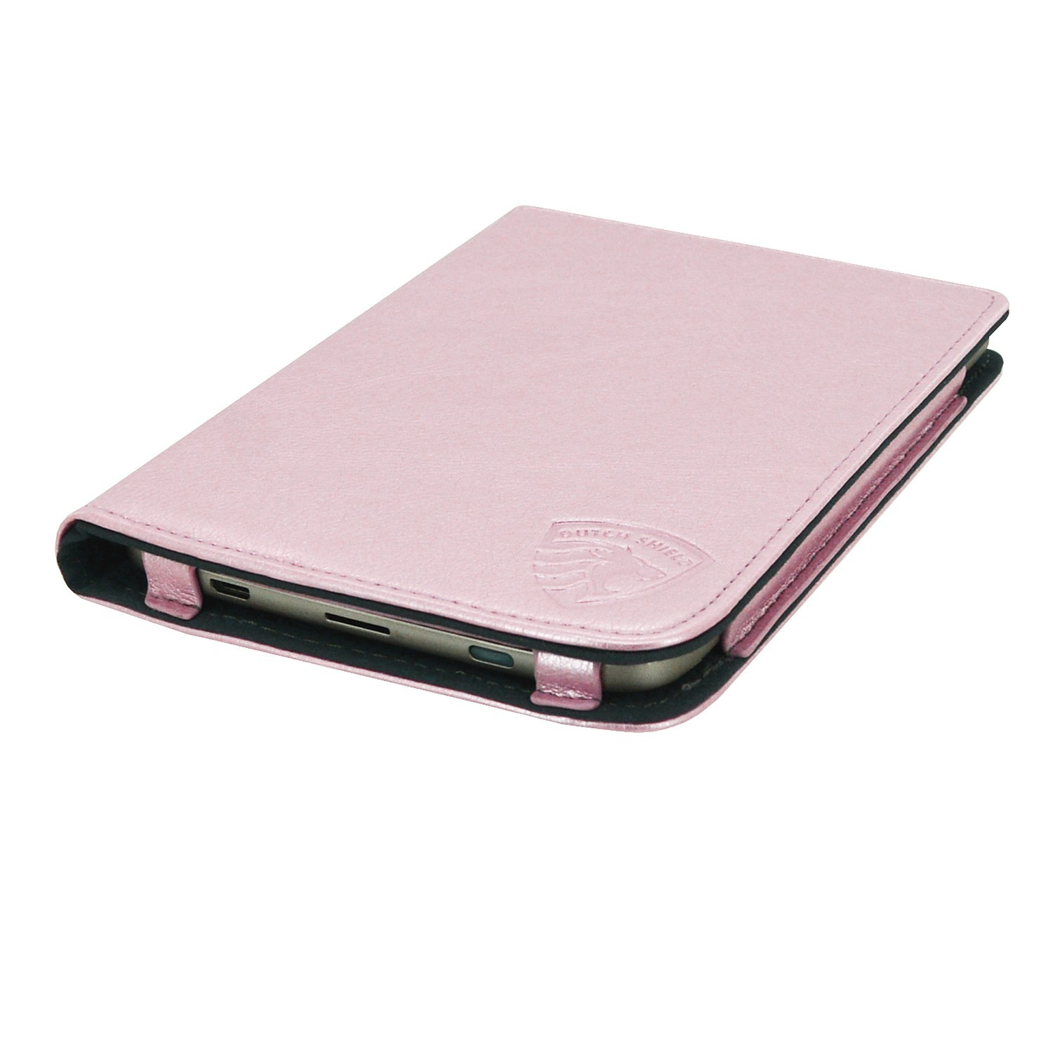 Een roze tablethoes met de woorden "DUTCH SHIELD" in reliëf. De hoes is open en onthult de tablet binnenin.