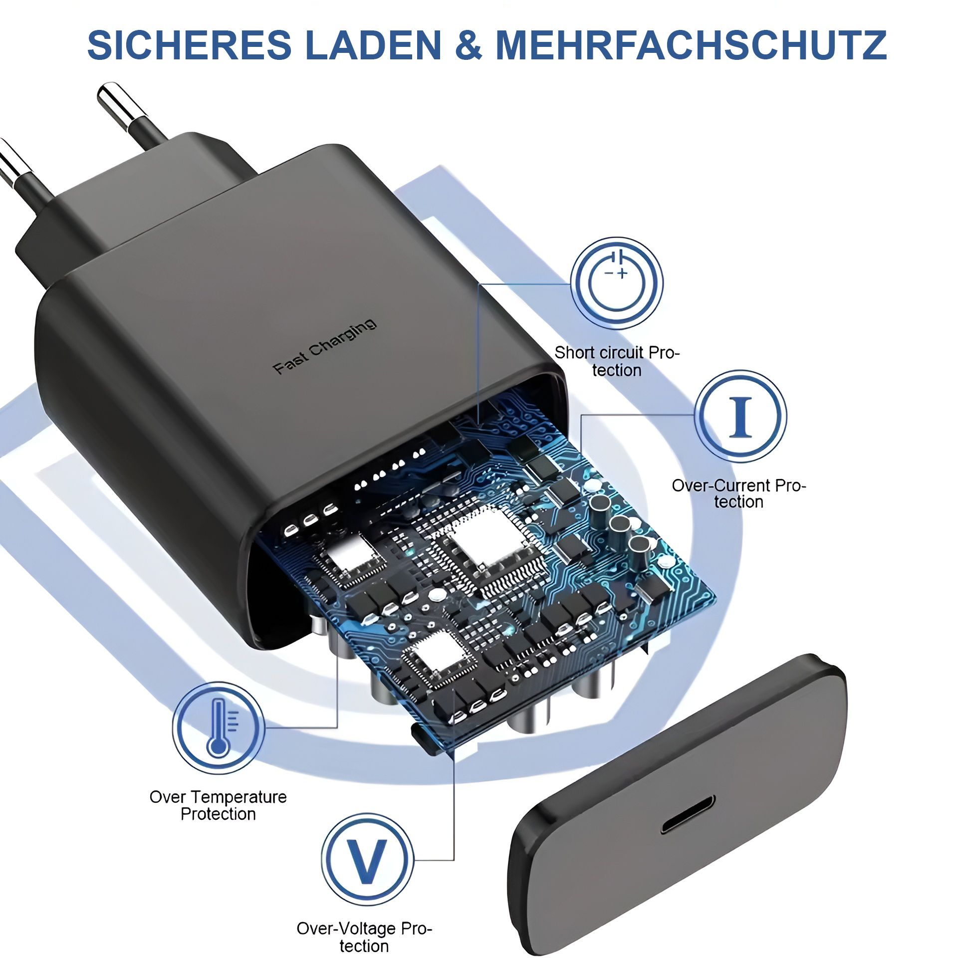 Schwarzes Ladegerät mit freiliegender Platine. Zeigt Kurzschluss-, Übertemperatur-, Überspannungs- und Überstromschutzsymbole.