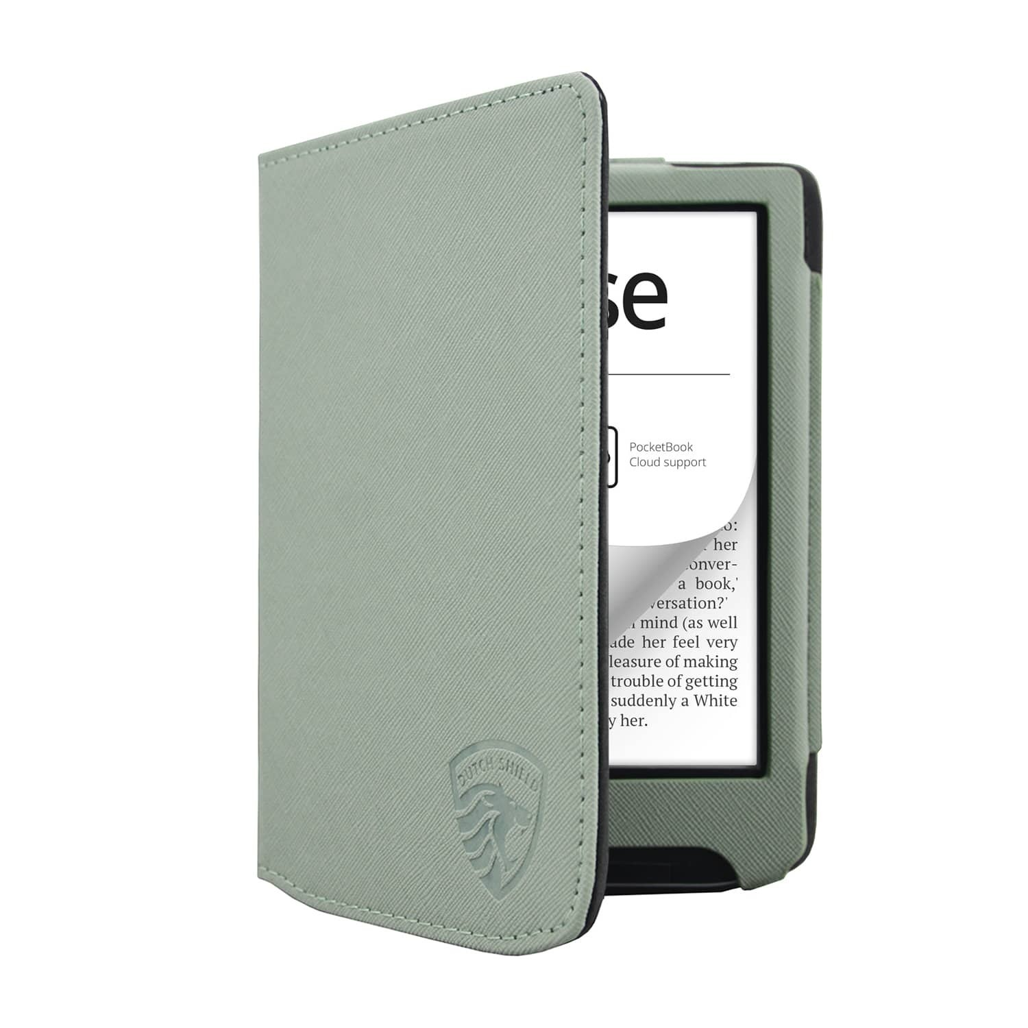 Een e-reader met een groene hoes is open en toont tekst op het scherm. De hoes heeft een logo en het scherm toont tekst.