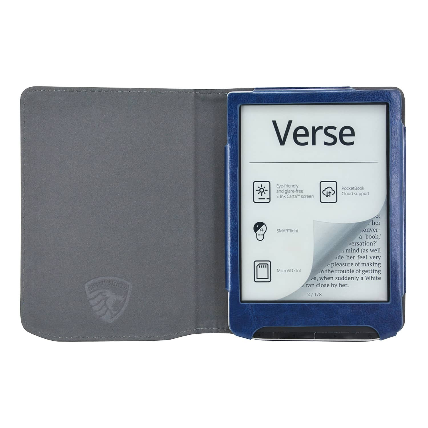 Een e-reader met blauwe rand, open. Het scherm toont het woord 'Verse'. De hoes is grijs en heeft een logo.