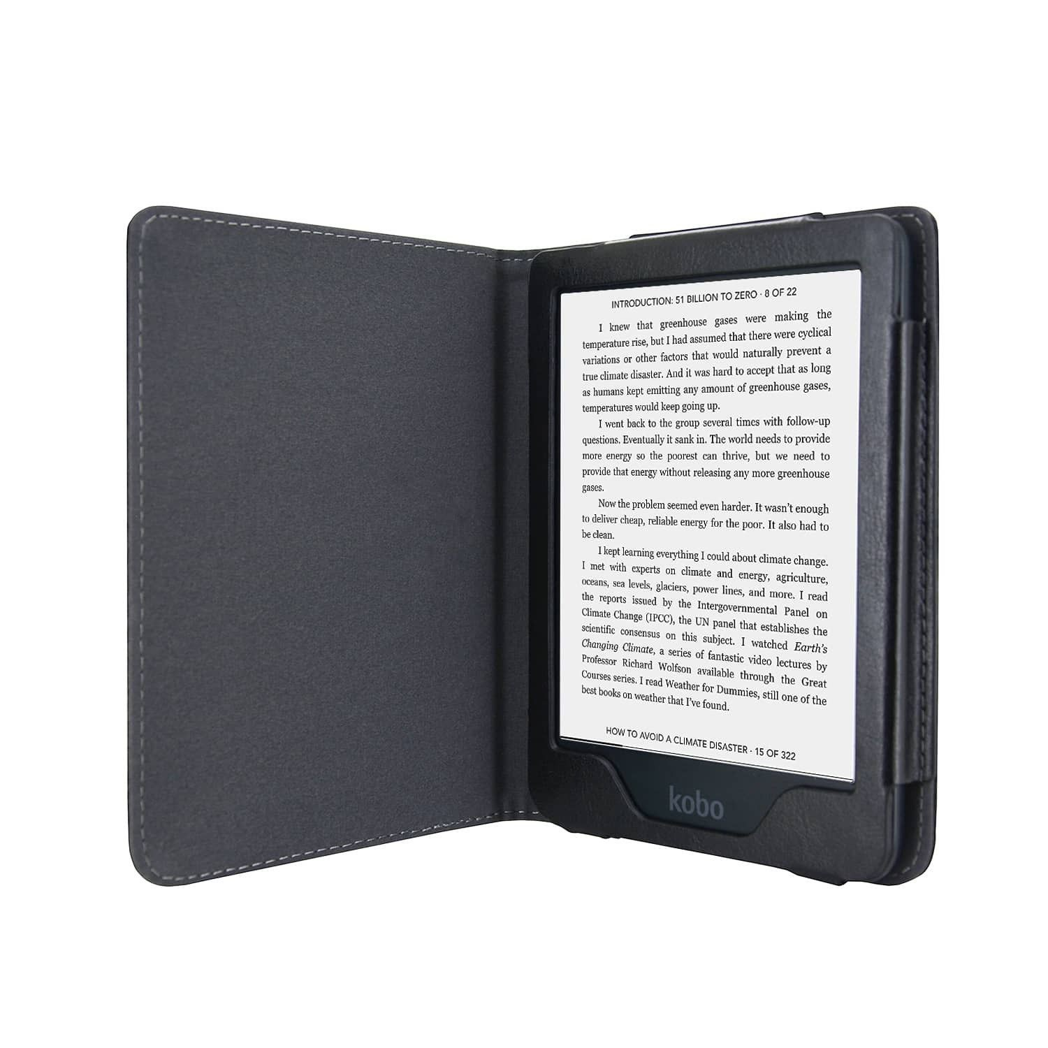 Een open Kobo e-reader met een zwarte cover geeft tekst weer. De cover is grijs met witte stiksels.