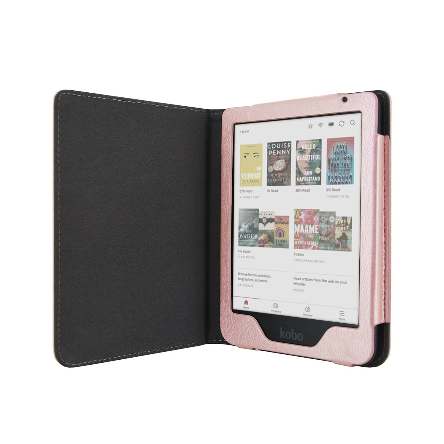 Een open roze Kobo e-reader toont boekomslagen. De hoes is open en onthult een grijs interieur.
