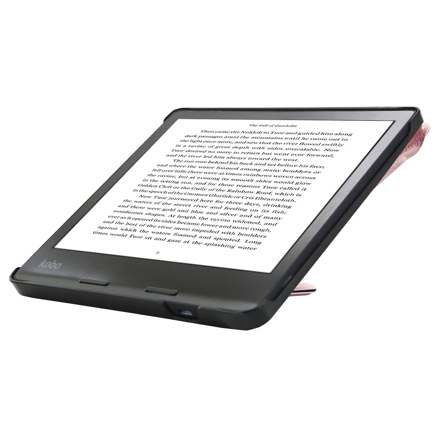 Een Kobo e-reader met tekst uit een boek wordt onder een hoek weergegeven en rust op een roze en witte hoes.