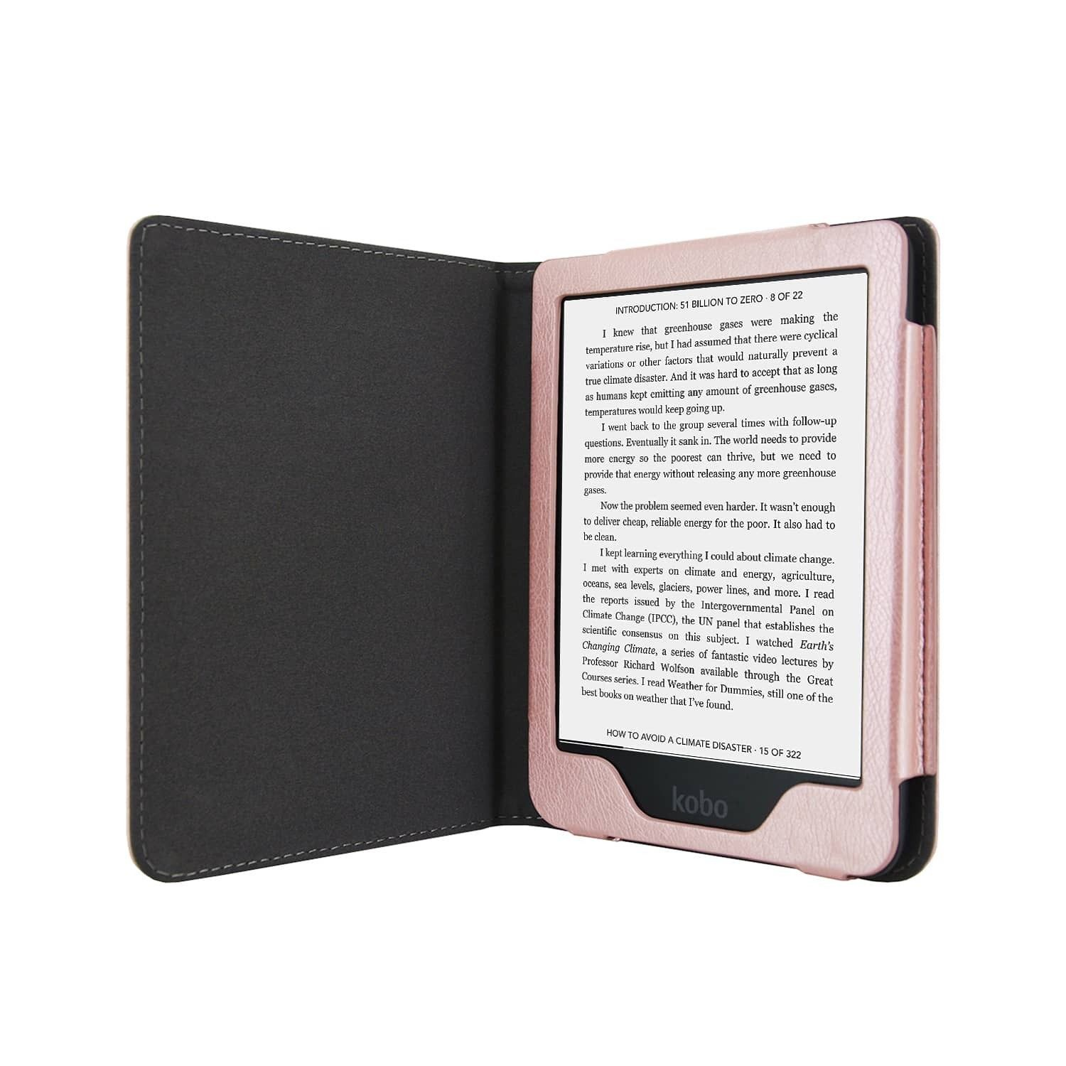 Een e-reader in een roze hoes is open en toont tekst over klimaatverandering. Het scherm toont het woord "kobo".