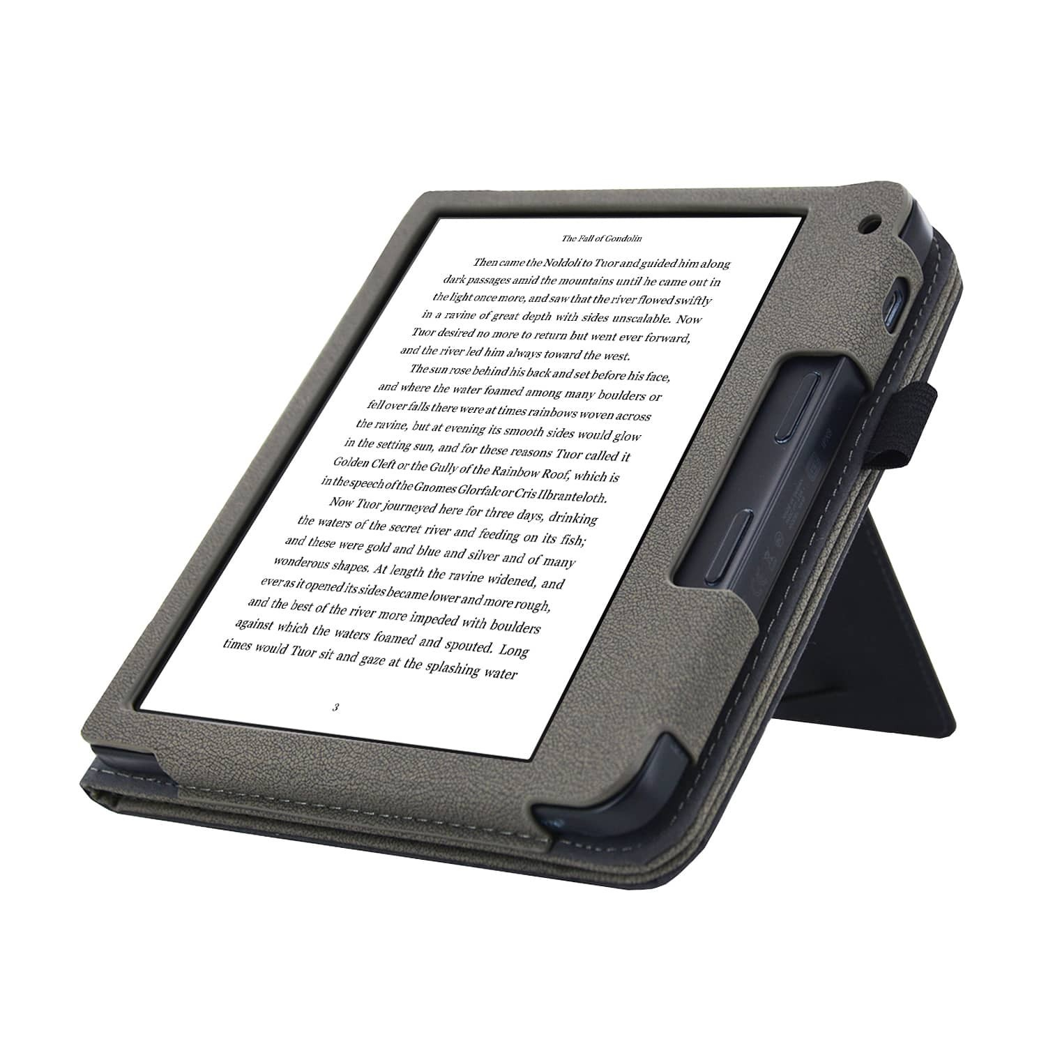 Een e-reader in een grijze hoes is omhoog gezet. Het scherm toont tekst. Een stylus zit in een houder op de hoes.