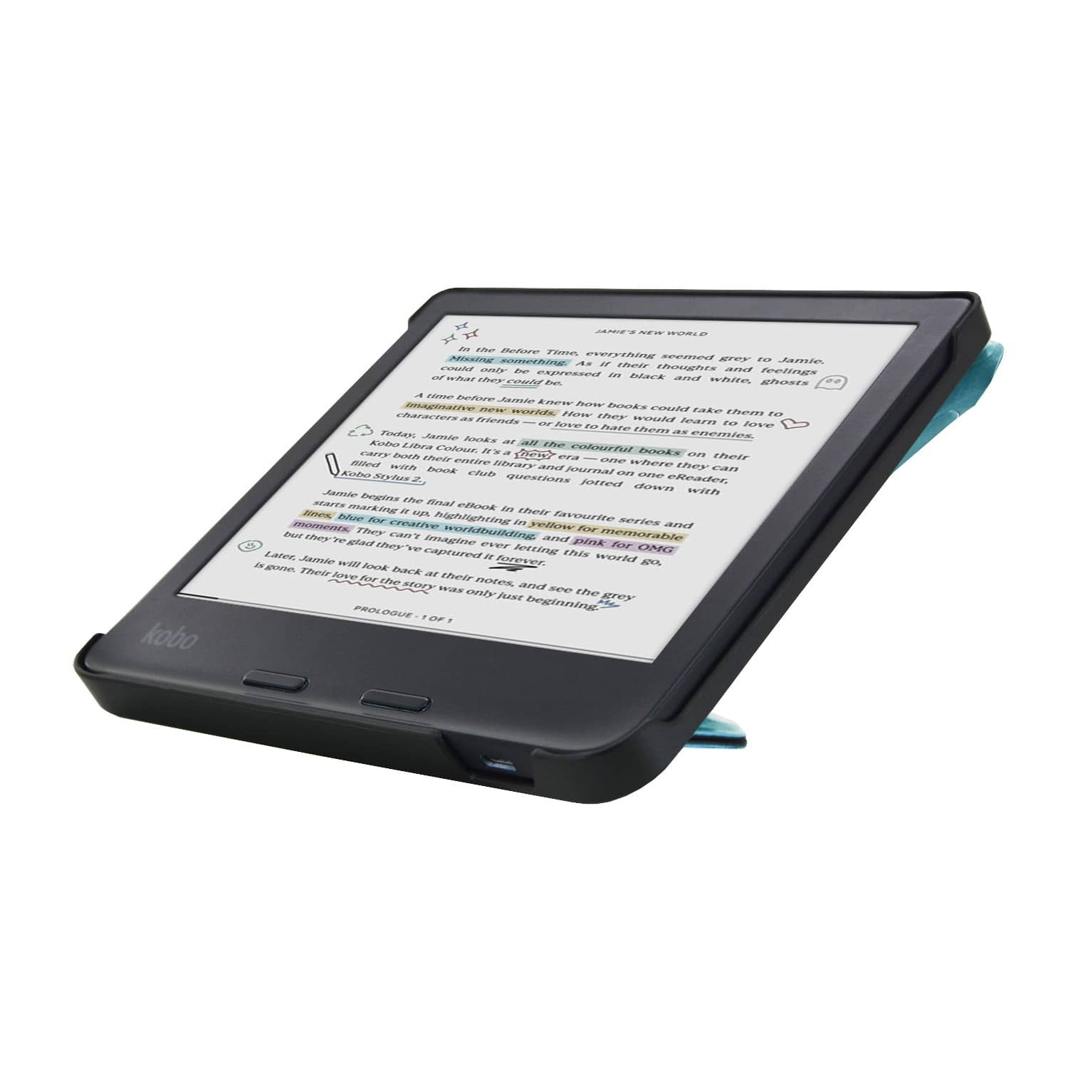 Een Kobo e-reader toont tekst, met markeringen in geel, blauw en roze. Hij ligt op een wit oppervlak met een blauwe hoes.