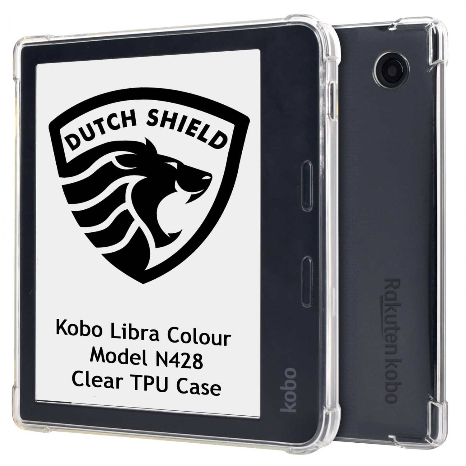 Kobo Libra Colour e-reader in een transparante TPU-hoes. Scherm toont logo 'Dutch Shield' en modeldetails N428.