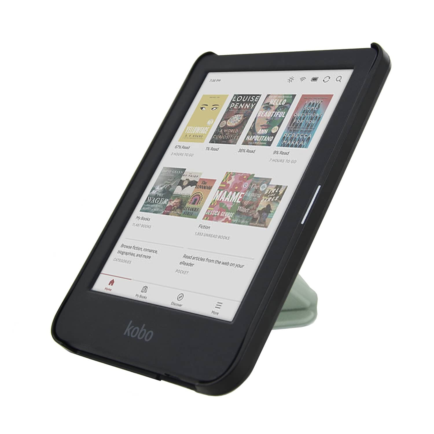 Een zwarte Kobo e-reader met boekomslagen. Het staat op een lichtgroene standaard, met een witte achtergrond.