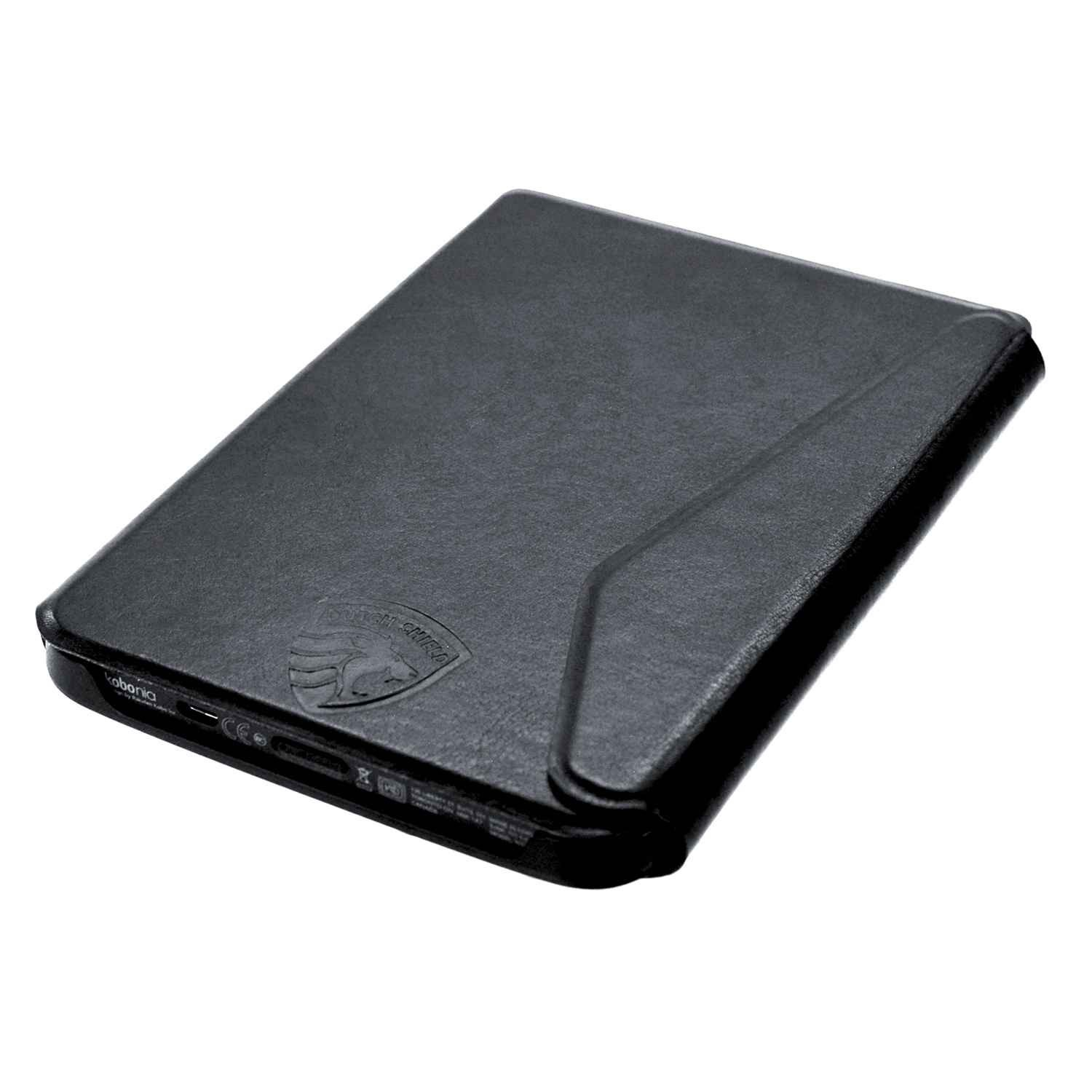 Een zwarte Kobo tablet hoes, gesloten. Het Porsche-logo is in reliëf op de voorkant. De hoes is schuin naar rechtsboven.