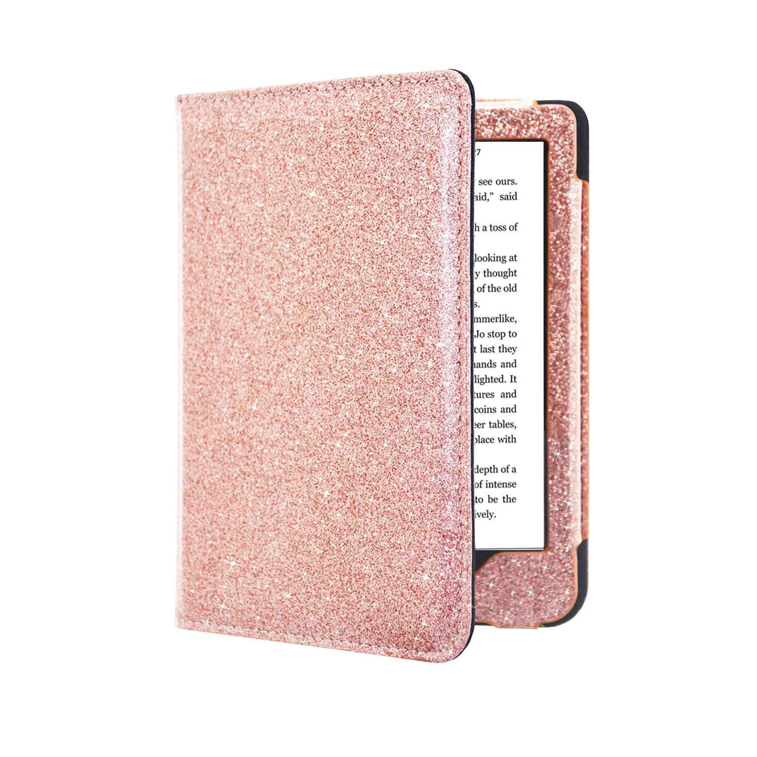Een glitterende, roségouden e-readerhoes is open en onthult een scherm en de zwarte rand van de e-reader.