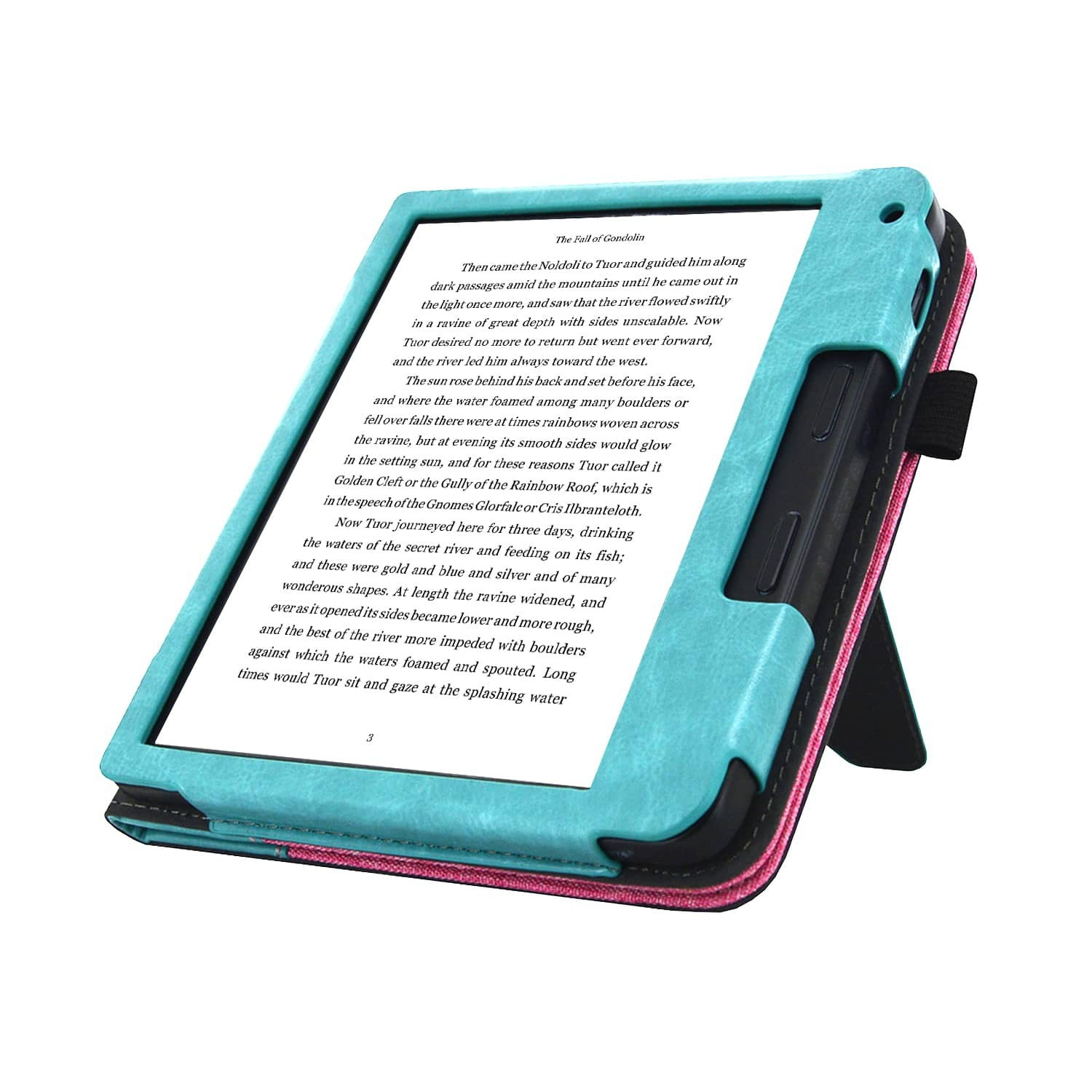Een e-reader in een turquoise hoes is opengeklapt. Tekst is zichtbaar op het scherm. Het apparaat staat op een roze en zwarte standaard.