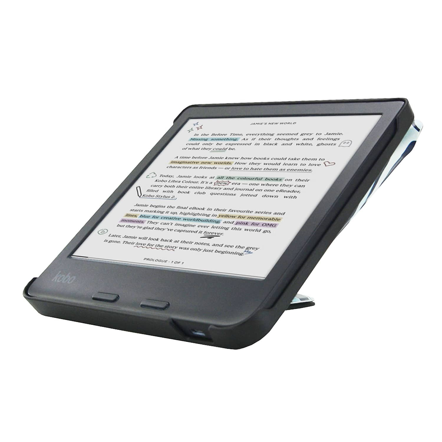 Een e-reader geeft tekst weer met markeringen. De lezer is zwart en rust op een wit oppervlak.