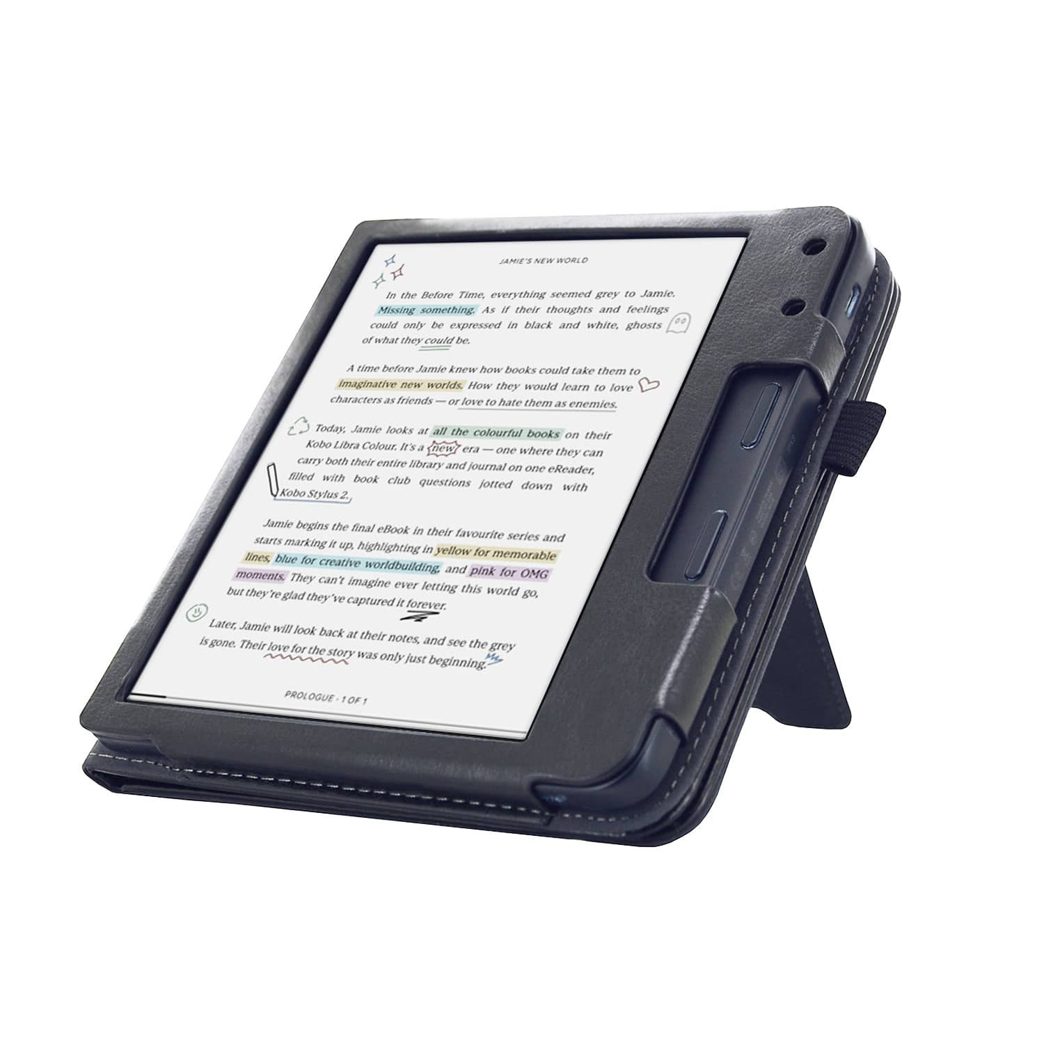 Een e-reader met een zwarte hoes die tekst weergeeft. Het scherm toont tekst met woorden gemarkeerd in geel, blauw en roze.