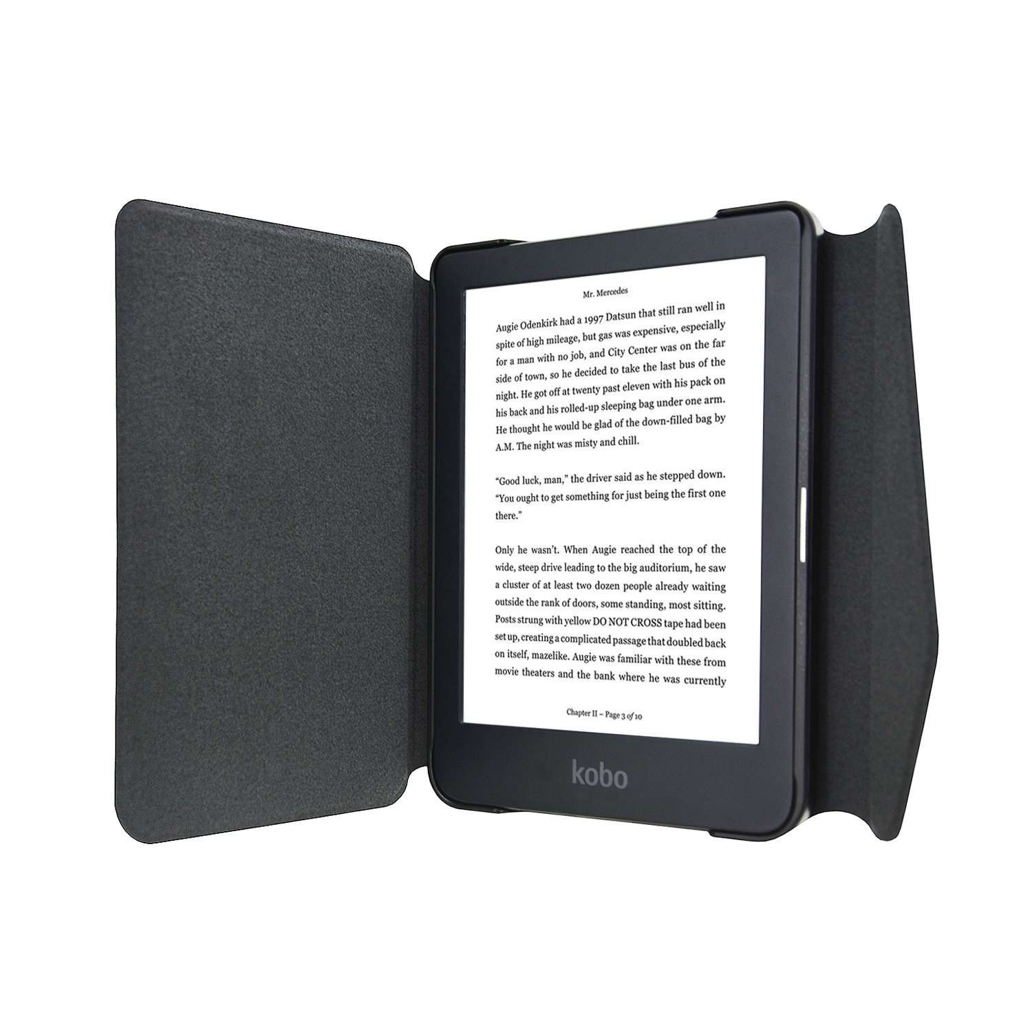 Een Kobo e-reader is open. Tekst is zichtbaar op het scherm. De hoes is donkergrijs. De achtergrond is wit.