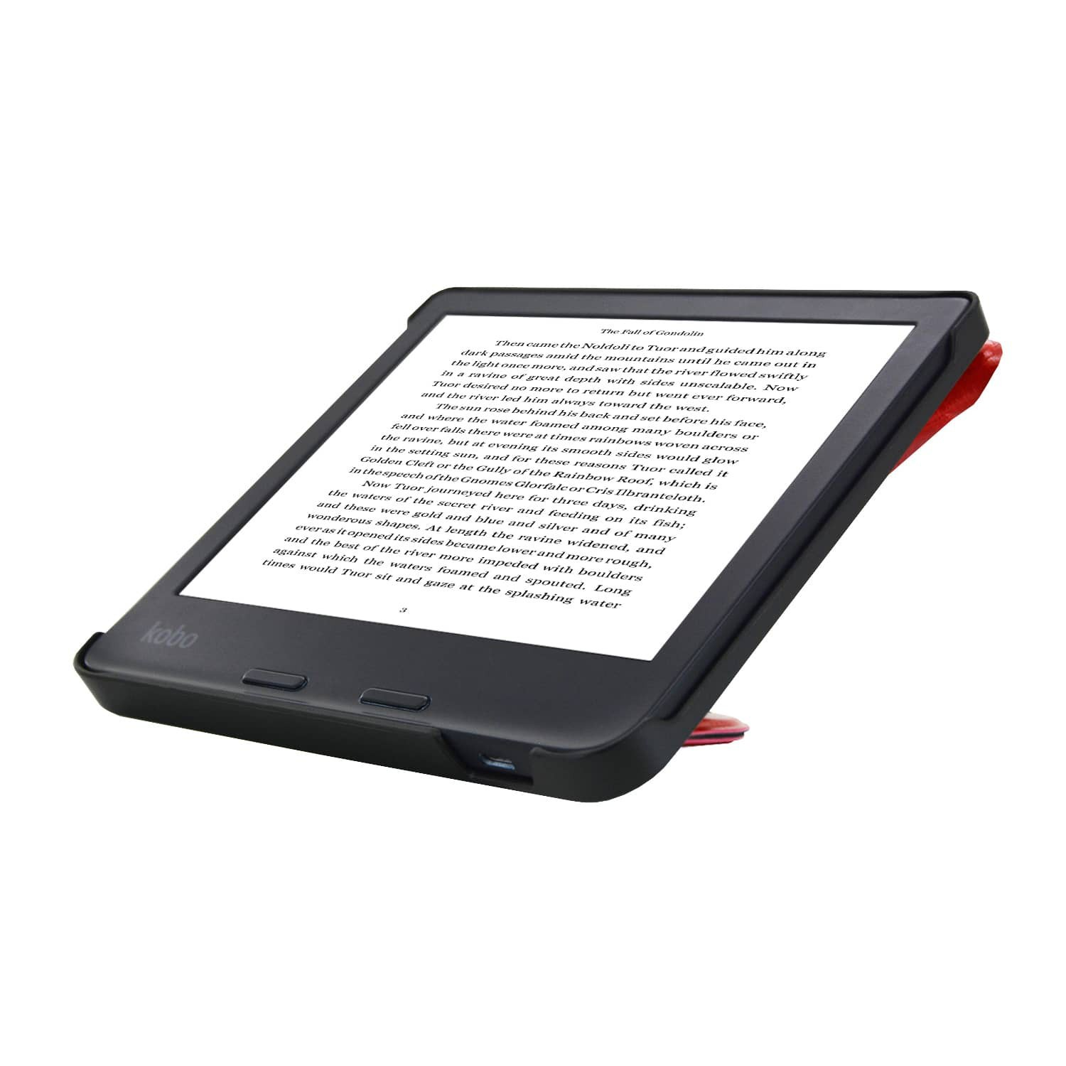 Een zwarte Kobo e-reader staat open. Het scherm toont tekst. De hoes heeft een rode accentkleur. Witte achtergrond.