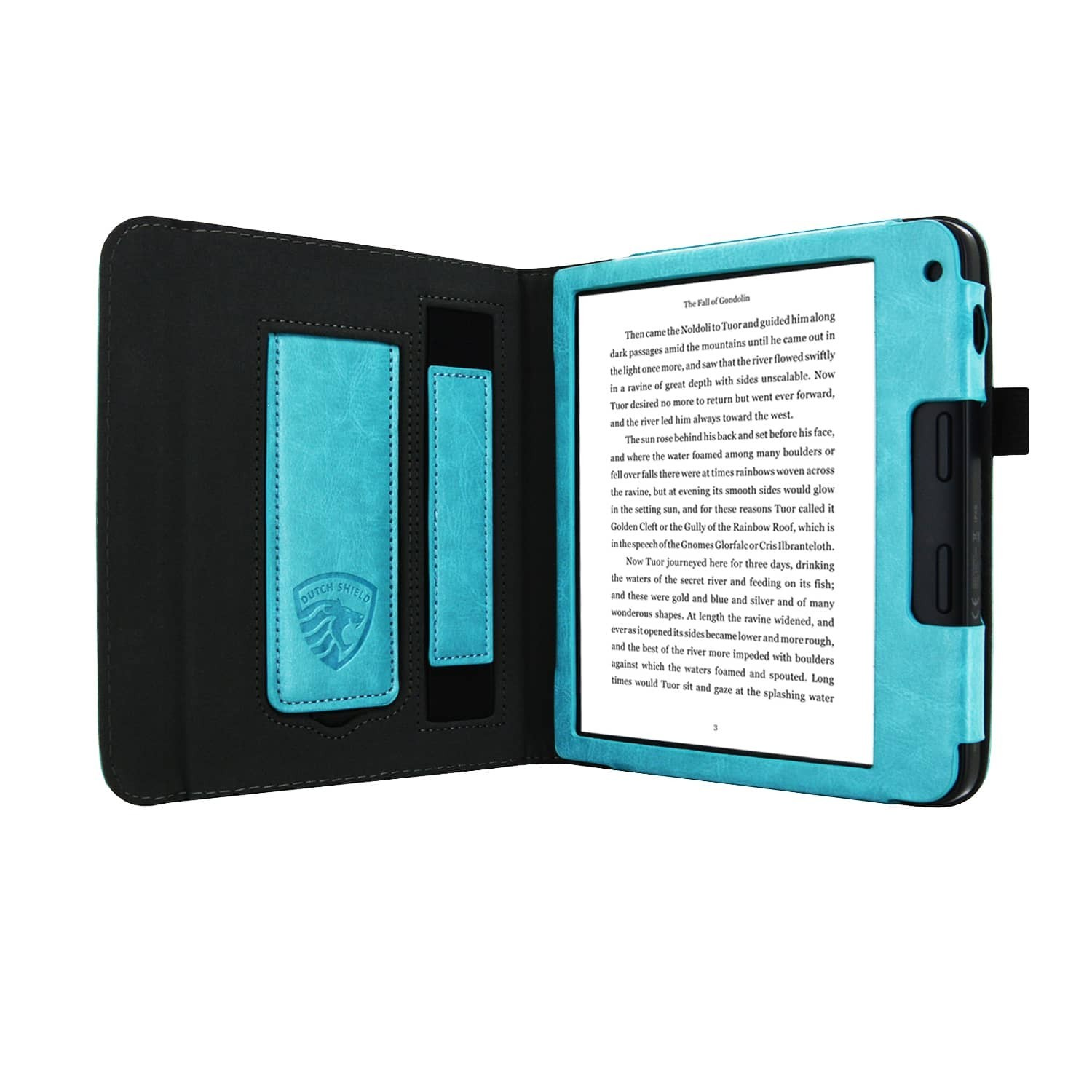 Een e-reader in een turquoise hoes, open op een tekstpagina. Zwarte hoes met teal details en logo.