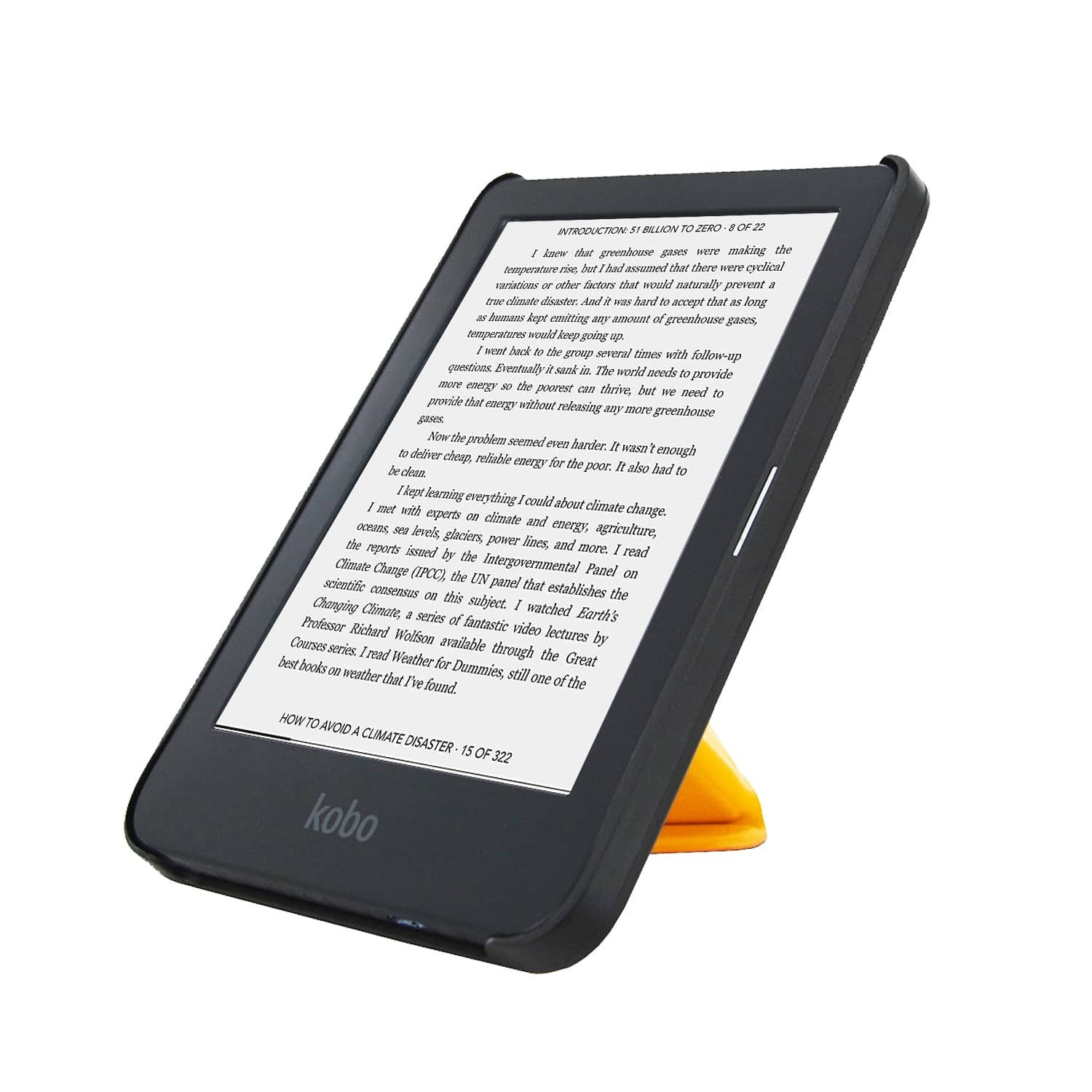 Een e-reader wordt ondersteund door een gele standaard. Het scherm toont tekst over klimaatverandering.