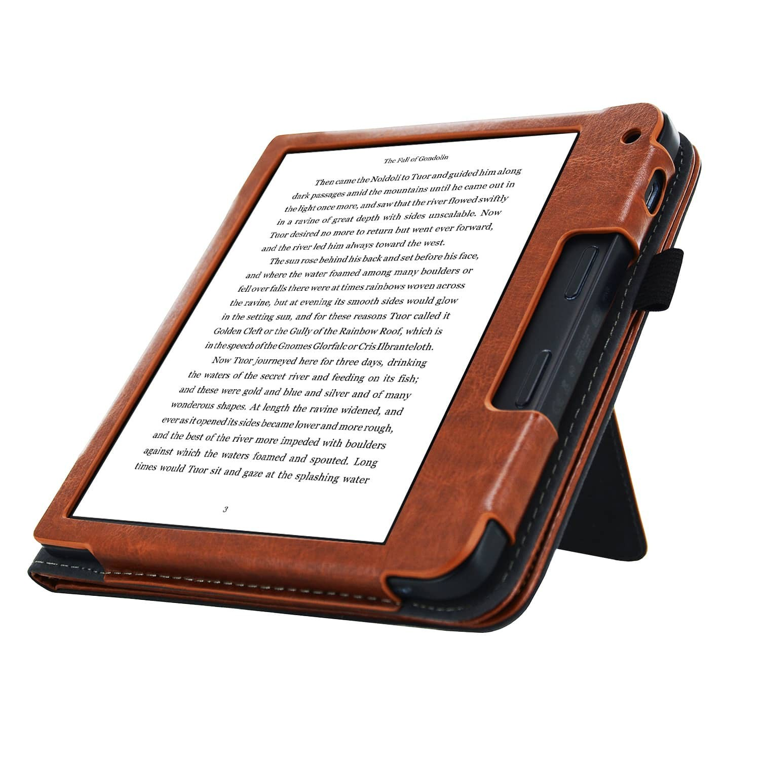 Een e-reader in een bruine leren hoes is opengeklapt. Tekst is zichtbaar op het scherm. De hoes heeft een standaard.