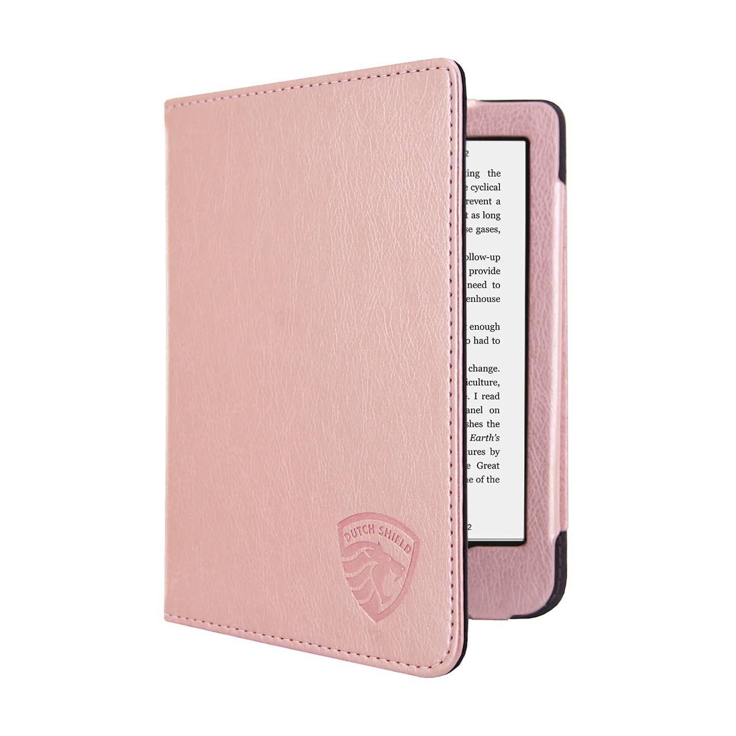 Een roze e-reader in een roze hoesje is open, met tekst. De hoes heeft een Dutch Shield logo.