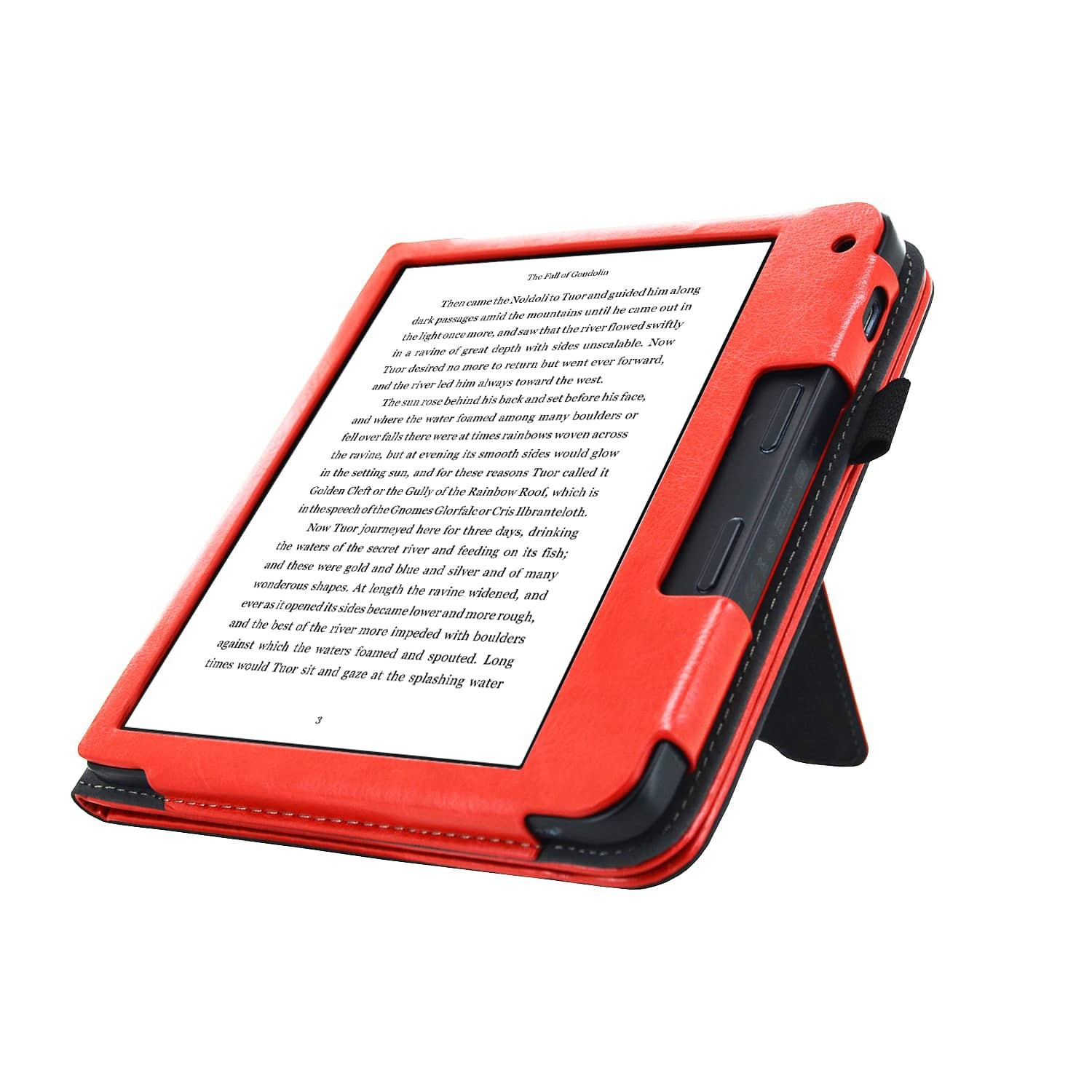 Rode e-reader met zwarte accenten, opgezet, toont tekst. De hoes is open en toont een pagina met tekst.