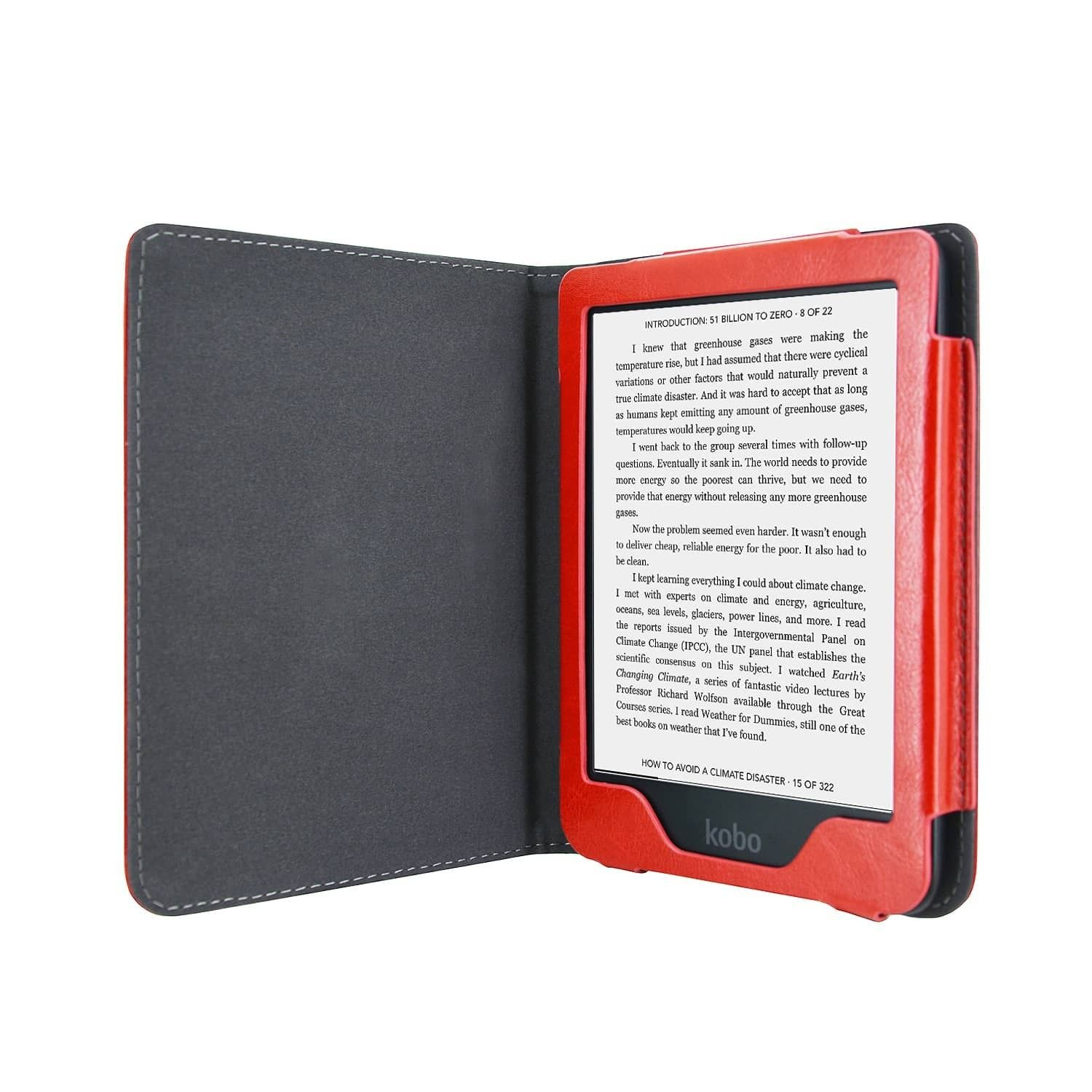 Een open Kobo e-reader met tekst. De hoes is zwart en grijs, met een rood schermframe. Het scherm toont tekst over klimaatverandering.