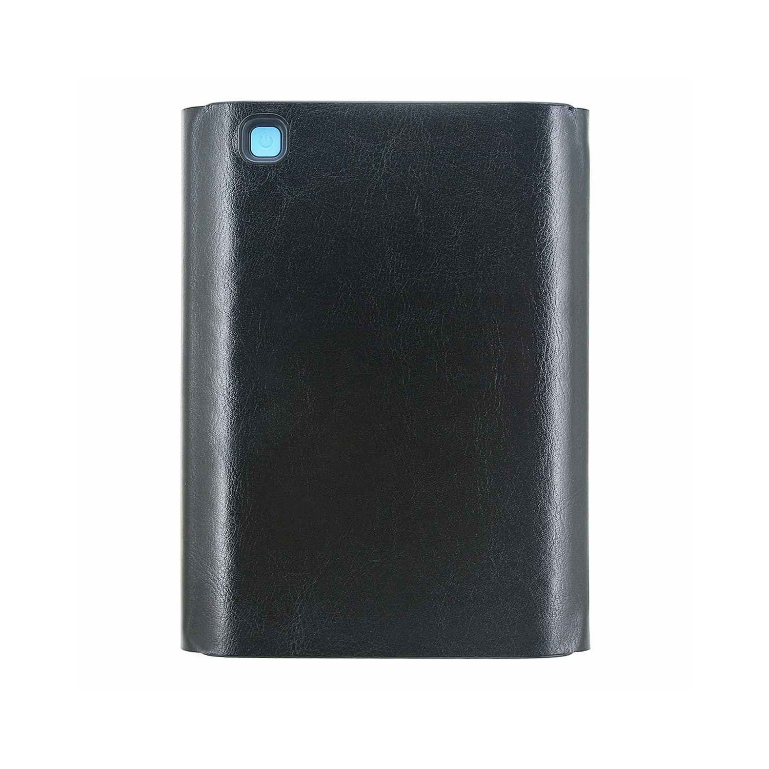 A black leather case with a blue power button on top. The case is rectangular and has a smooth surface. It's on a white background.
