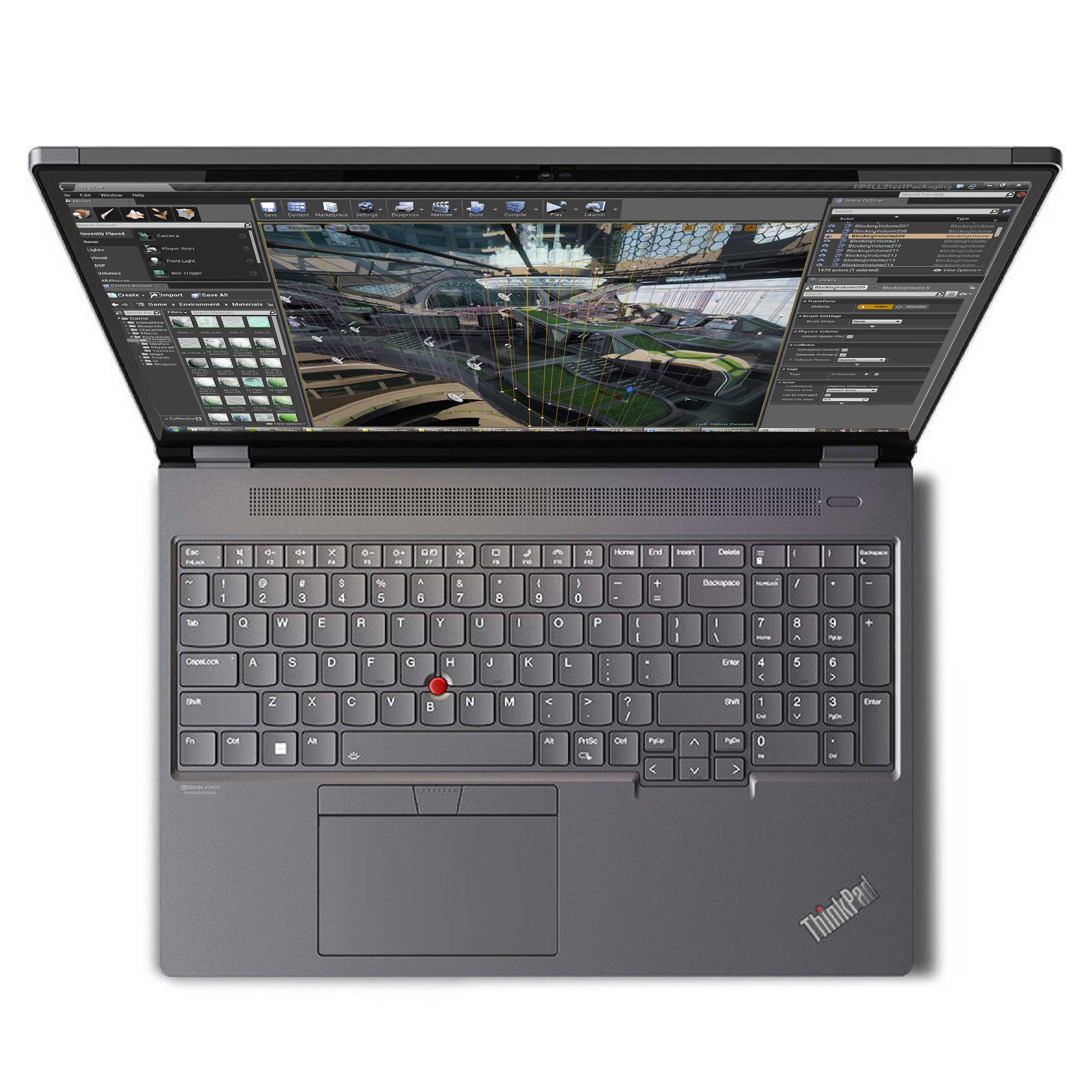 3D ortamı gösteren açık ekranlı dizüstü bilgisayar. Klavye görünür. ThinkPad logosu mevcut.
