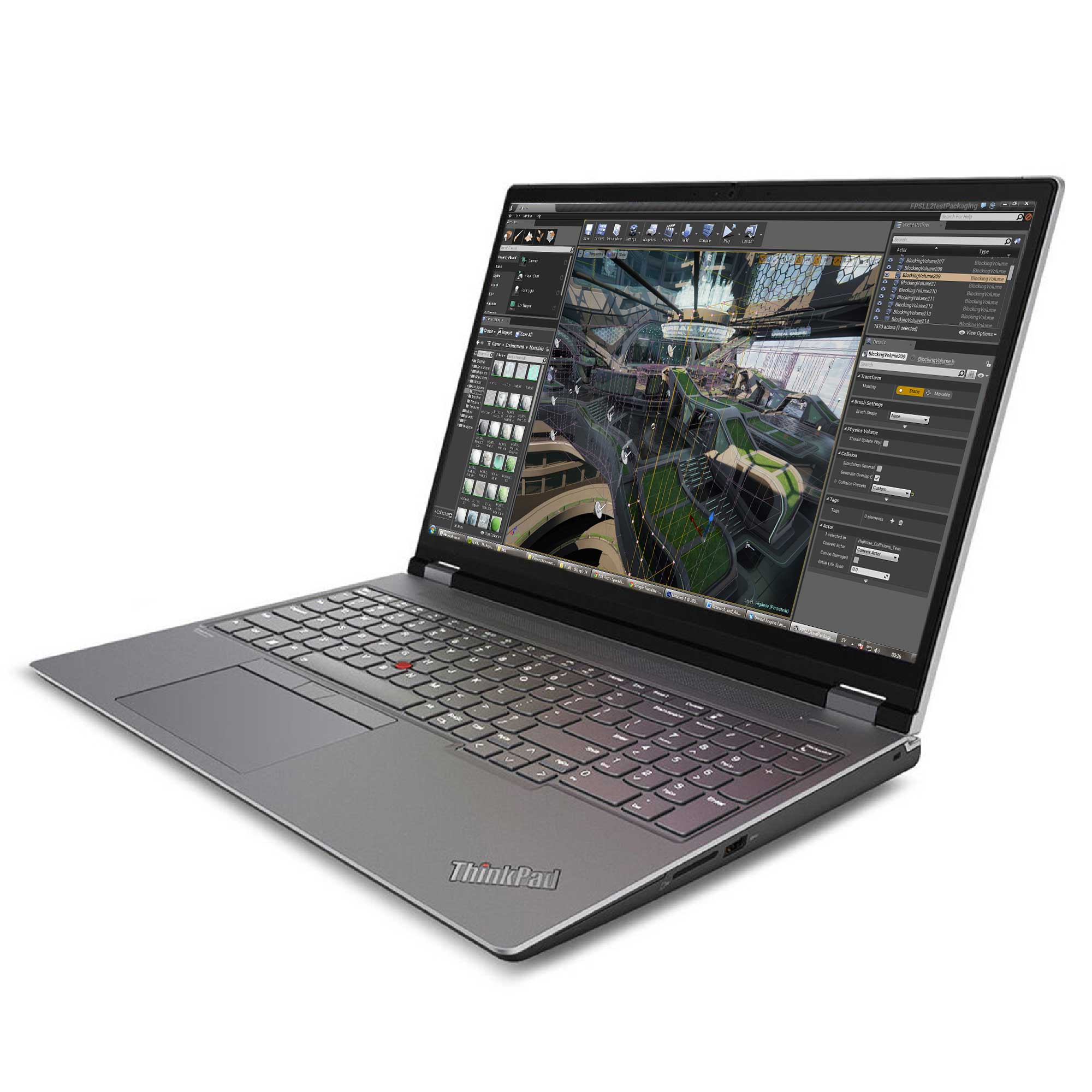Gri bir ThinkPad dizüstü bilgisayar, 3D modelleme arayüzünü gösteriyor. Klavye ve ekran açık, izleyiciye doğru açılı.