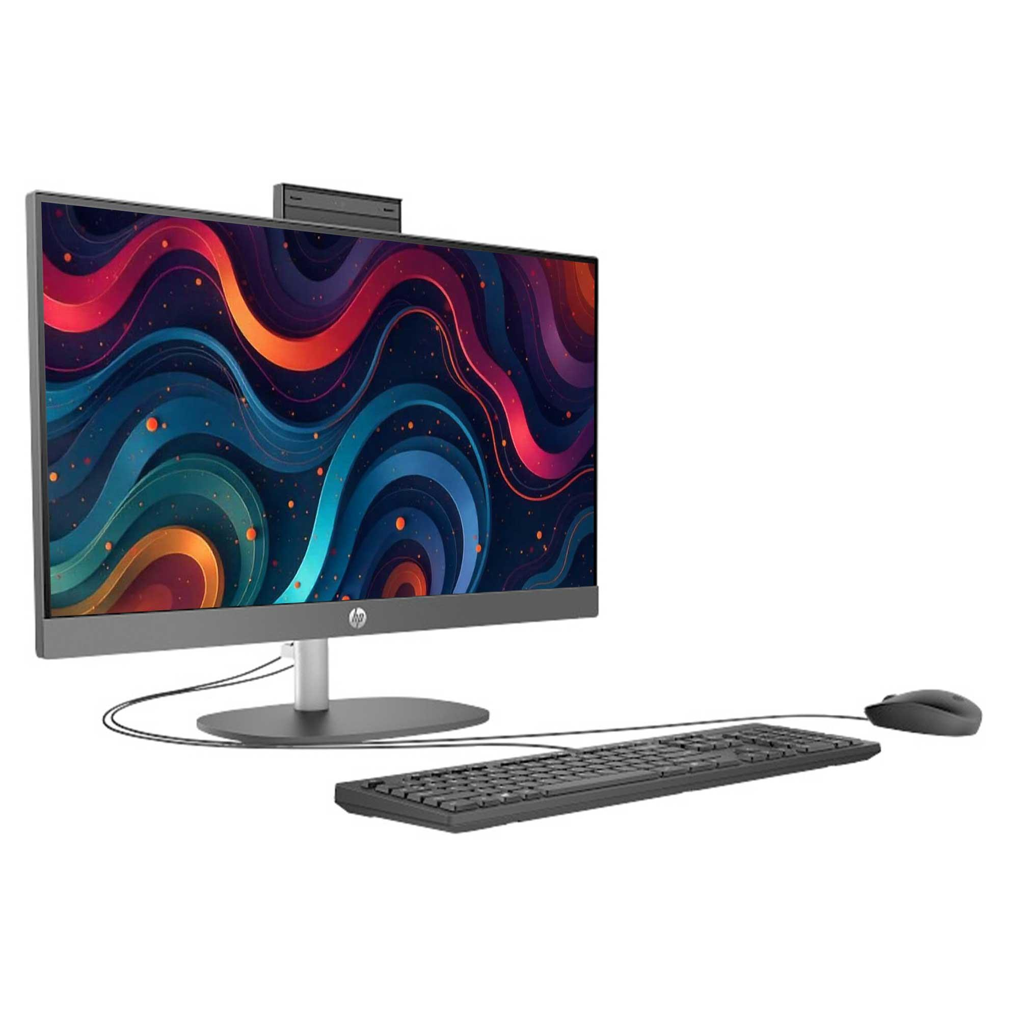Bir HP hepsi bir arada bilgisayar. Soyut tasarımlı bir monitöre, klavyeye, fareye ve küçük bir kameraya sahiptir.